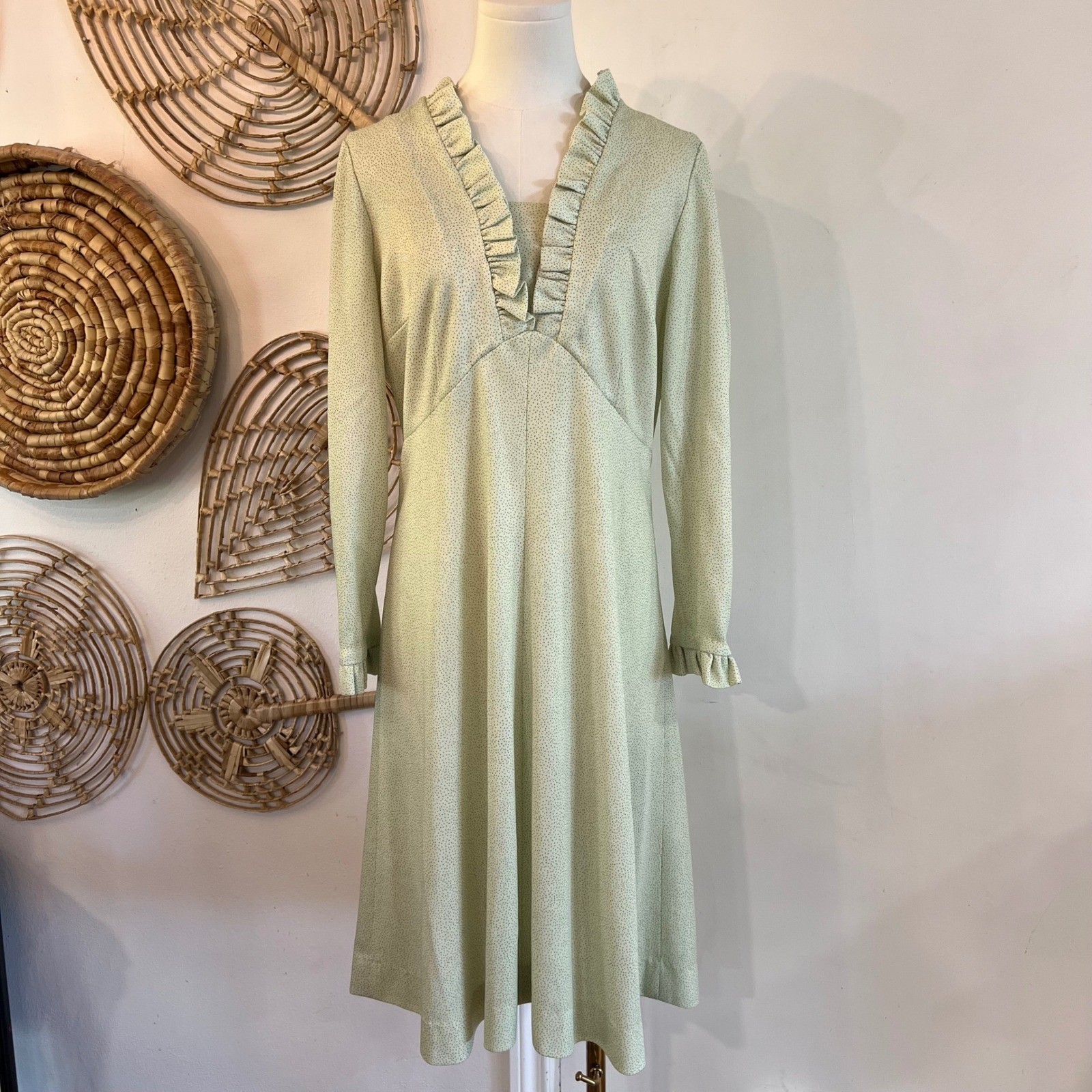 Vintage 70s Handmade Microdot Sage Green Ruffle Empire Midi Dress Cottagecore L