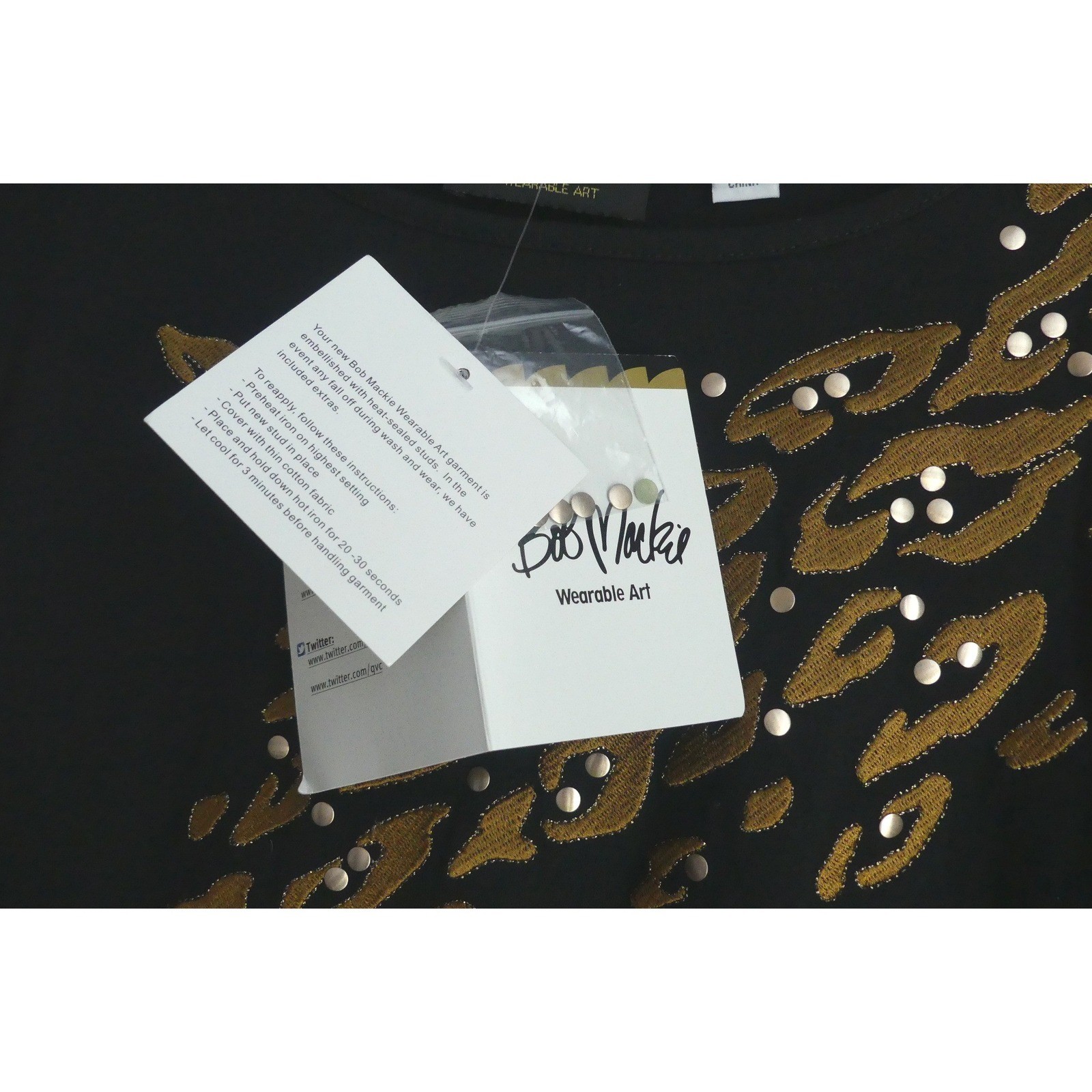 Bob Mackie Wearable Art Black Gold Leopard Embroidered Studded Top XL Cotton NWT