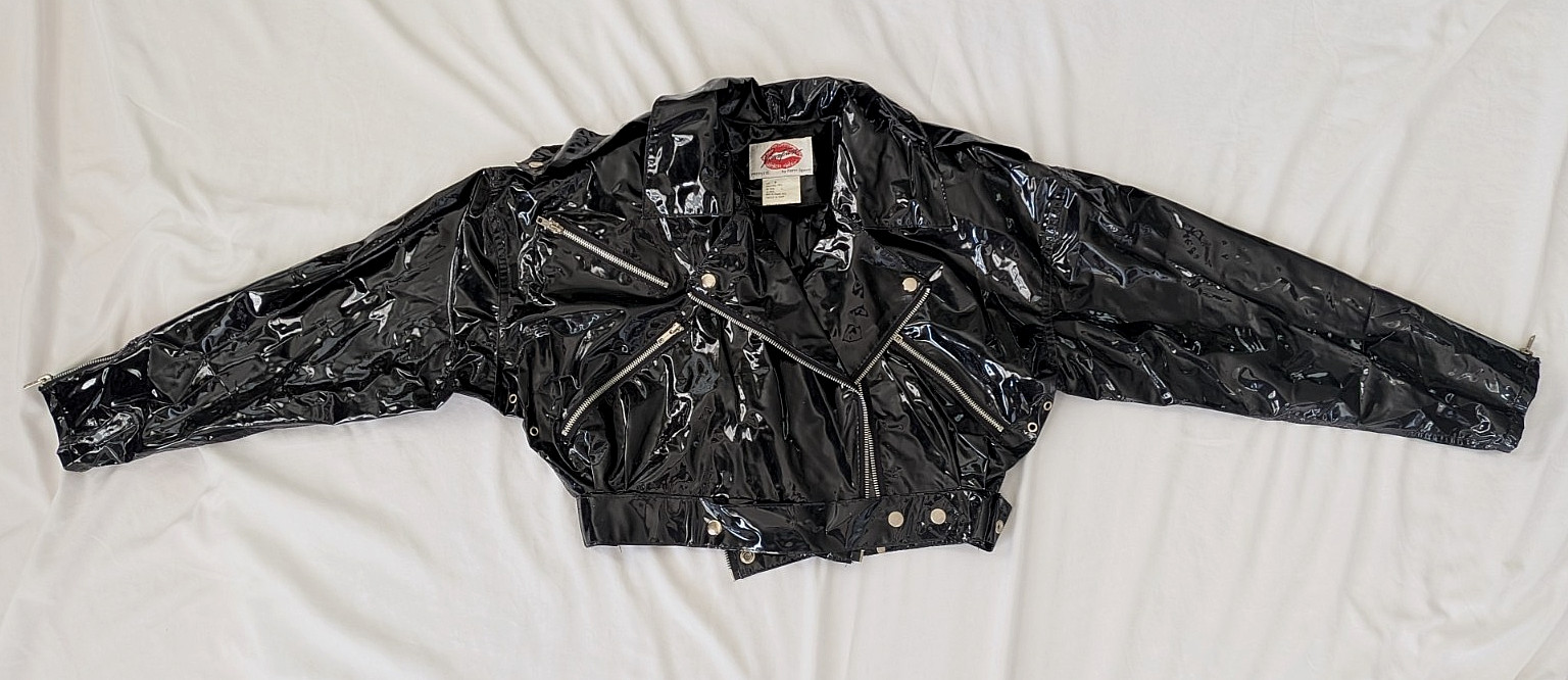 Vtg 80’s Shiny Black Vinyl Crop Moto Biker Jacket Glam Rock Punk New Wave Sz S
