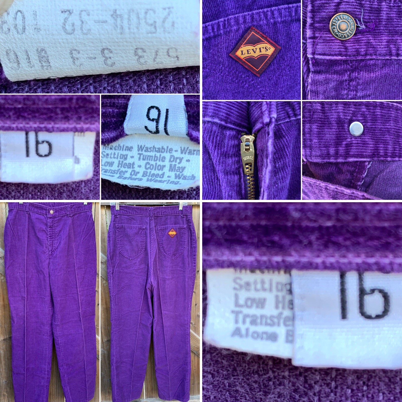 Vintage Purple LEVIS Corduroy Pants Wide Leg Sz 16 30 Waist Scovill Zipper 70s