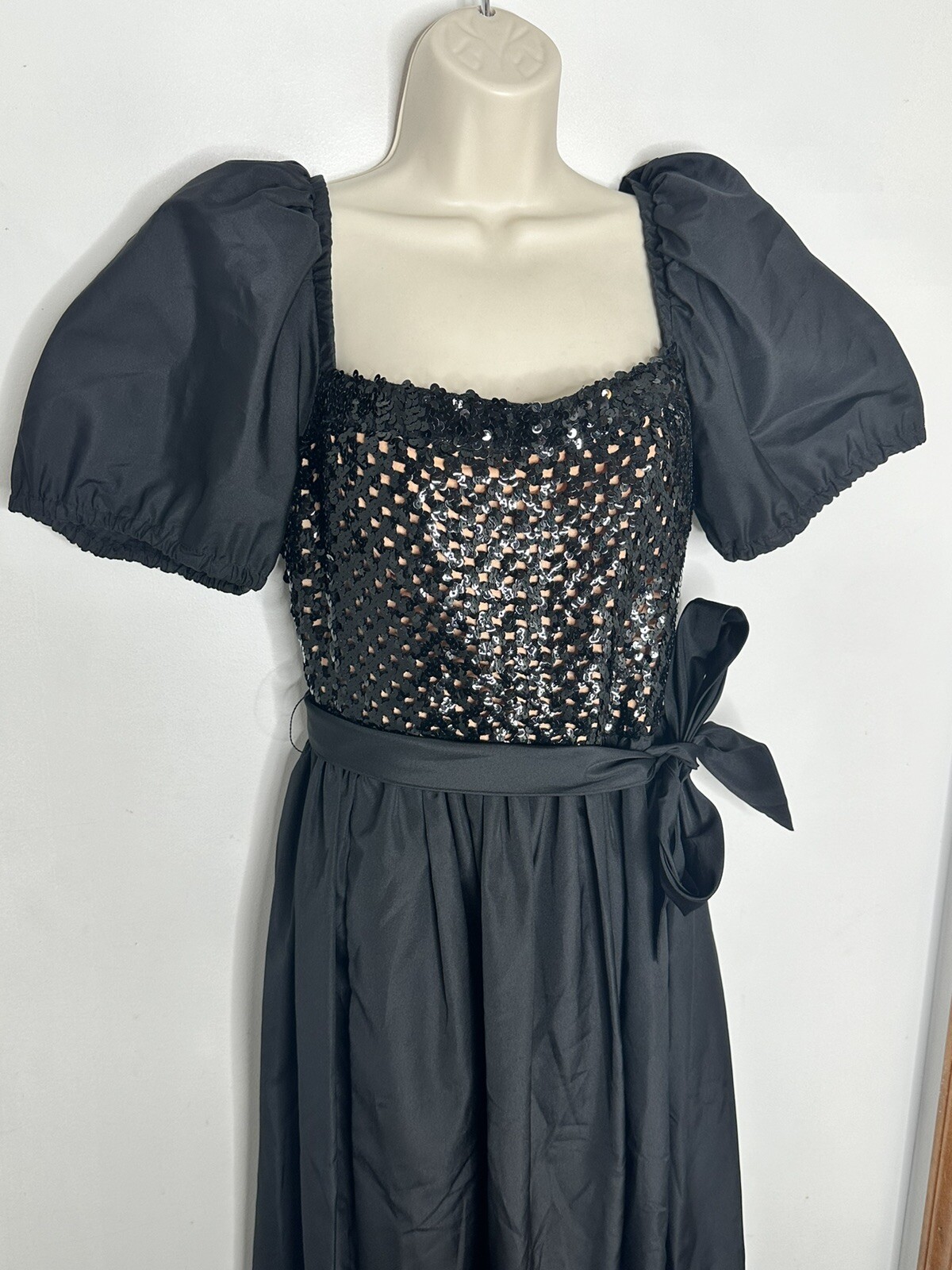 VTG DOROTHY BULLITT Ardmore Chestnut Hill Black Sequin Puff Sleeve Maxi Dress 12