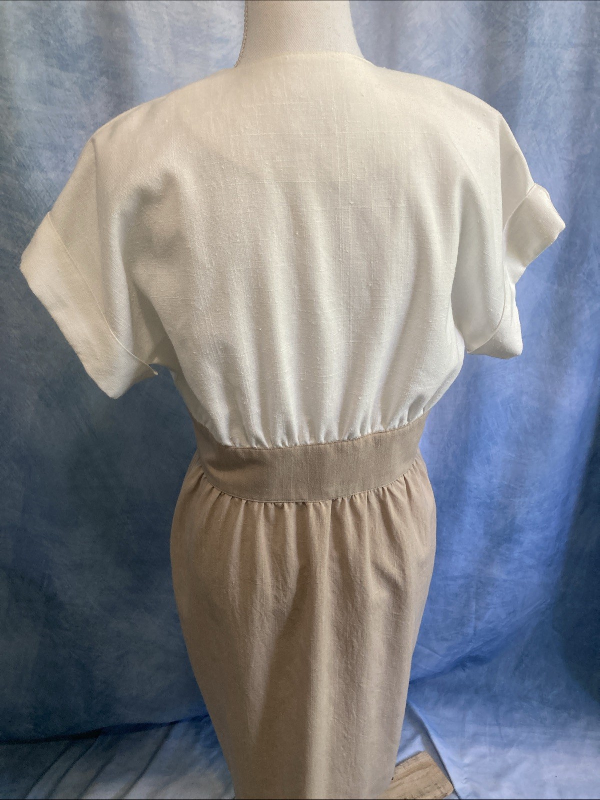 VTG 80s Does 50s Caron Petite Chicago Linen Look Dress Cream Tan Shirtdress XS
