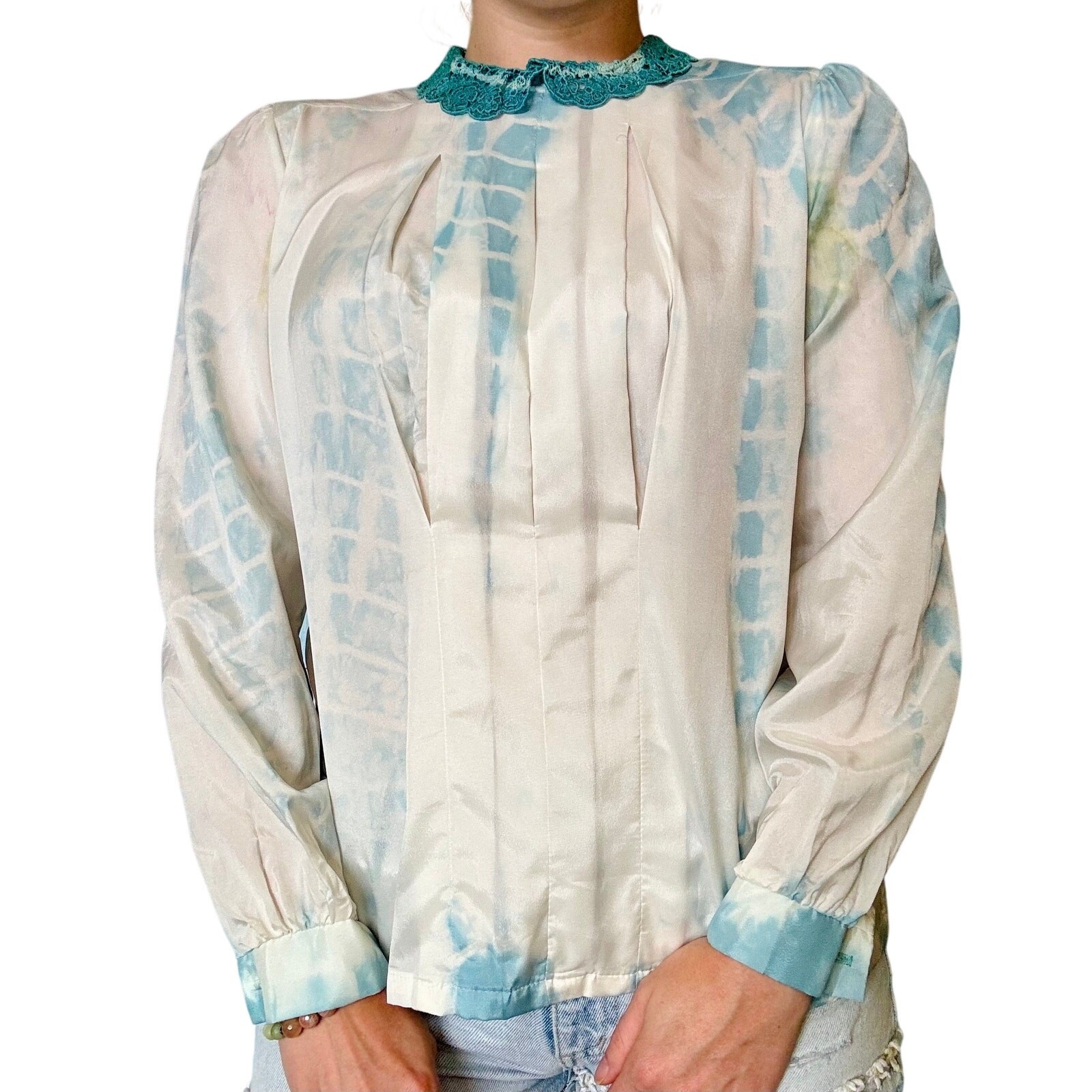Hand Dyed Pastel Blue Vintage Blouse Shibori 1980s does Edwardian Polyester