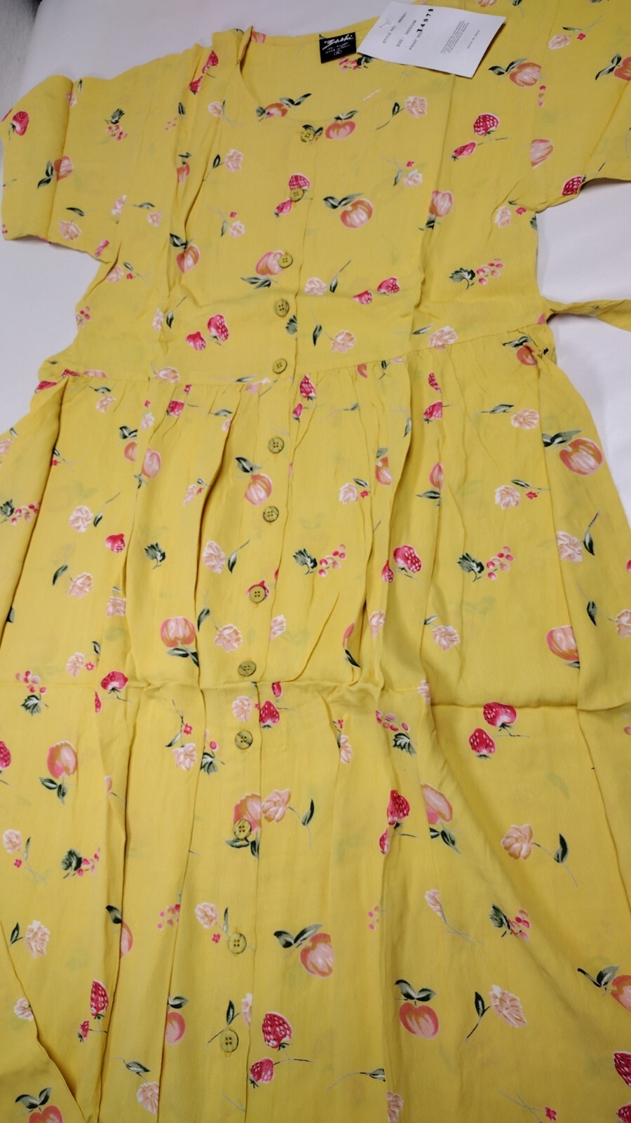 90s Rayon Yellow Dress Granny Apples Strawberry Print Country Easter Spring M