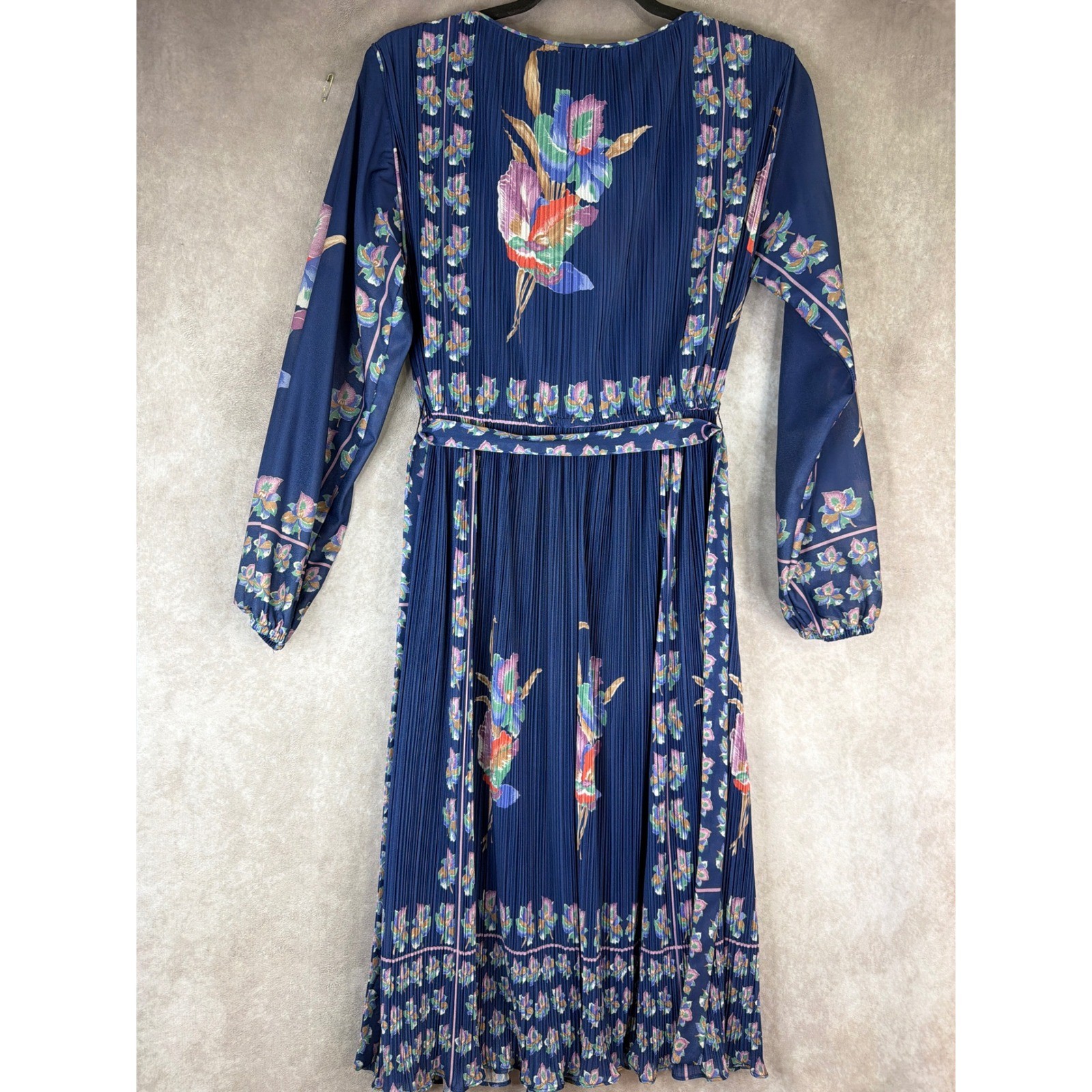 VTG 70s P.C.F. Petites by Hal Reman Dress 12 Navy Blue Floral Pleated Sheer USA