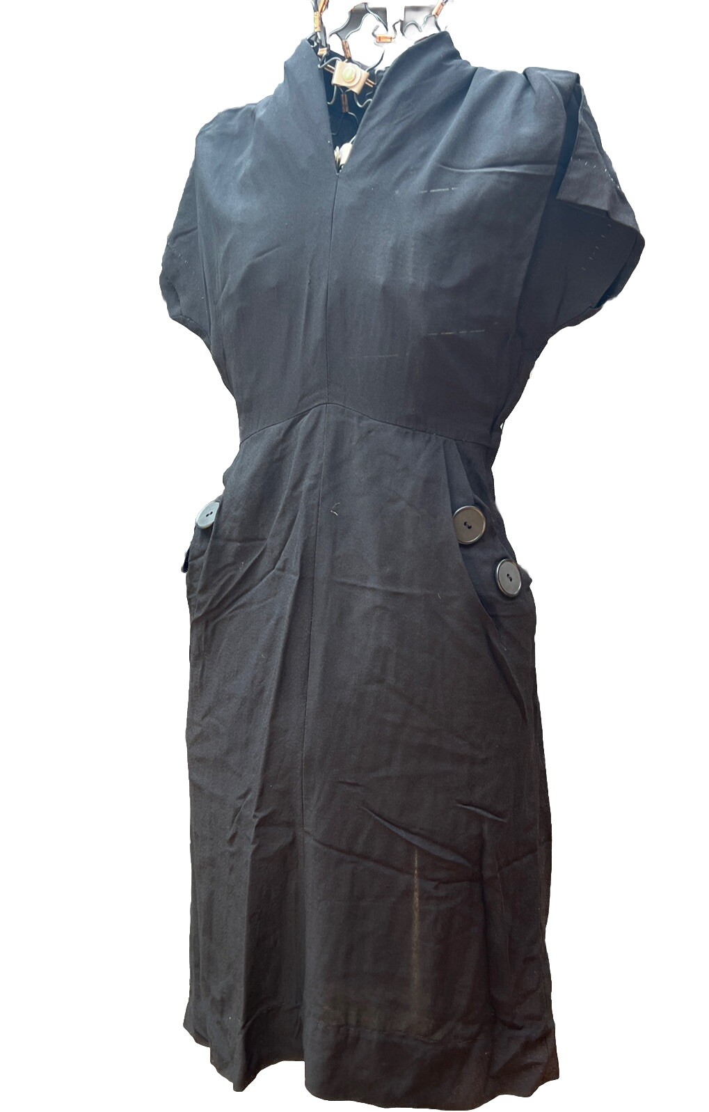 Women’s VTG 50’s Dress Black Rayon Sm 34” Bust 28” W Cap Sleeves Rockabilly