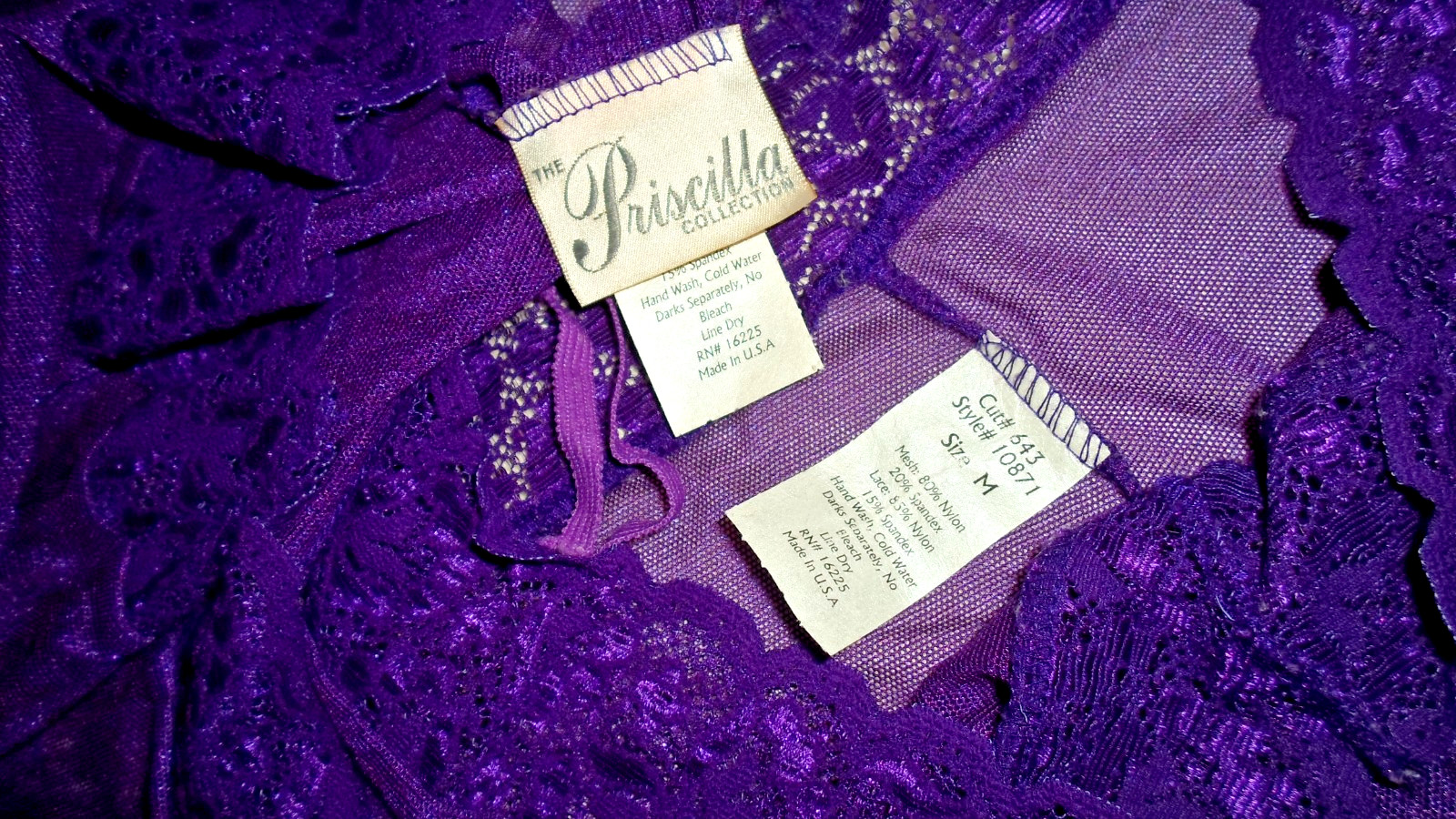 Vintage Lingerie Priscilla Collection Dark Purple Sheer Lace Babydoll Size M-USA