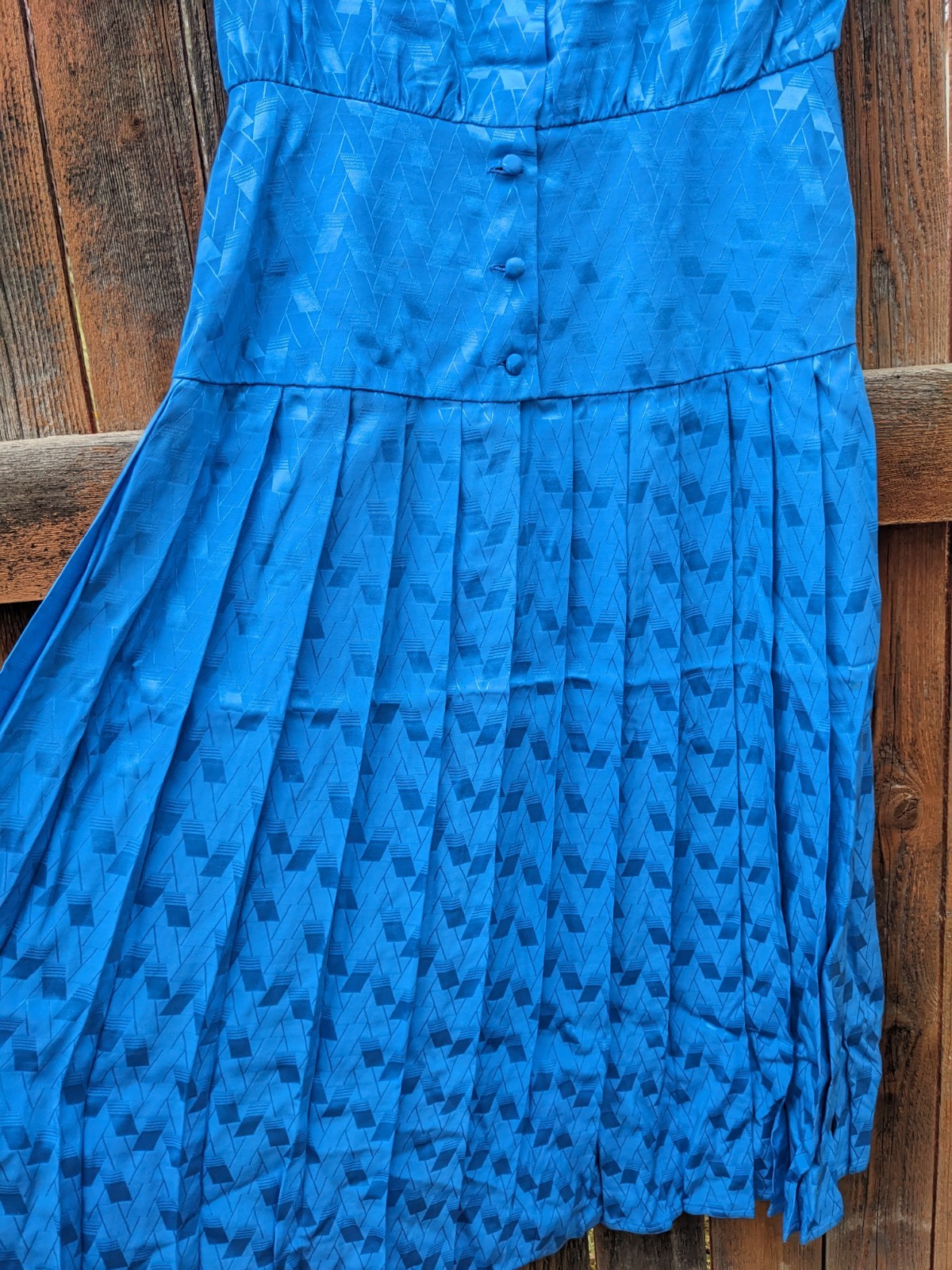 Vintage 80s Blue Silk Midi Dress Sz 4 Drop Waist Pleated Button Back Blouson