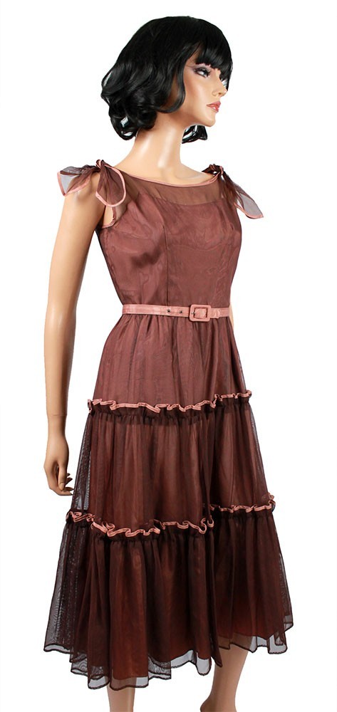 50s Prom Dress XS Vintage Sleeveless Brown Tiered Tulle Cocktail Evening Gown