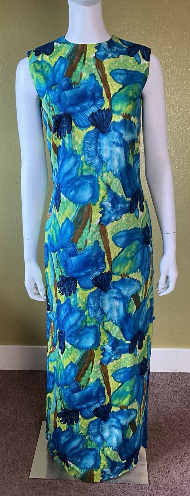 Vtg McINERNY Womens Hawaiian Maxi Dress Watercolor Floral Talon Zip Side Slit 12