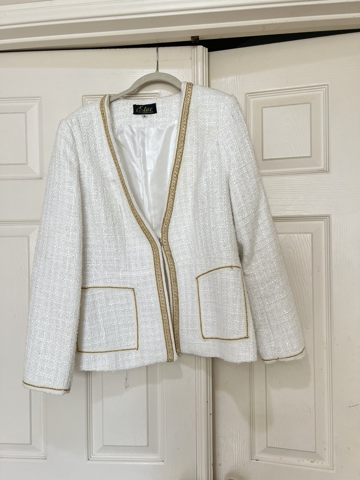 VNTG Elite Champagne White Tweed Blazer Church formal Business Old Money Sz 8