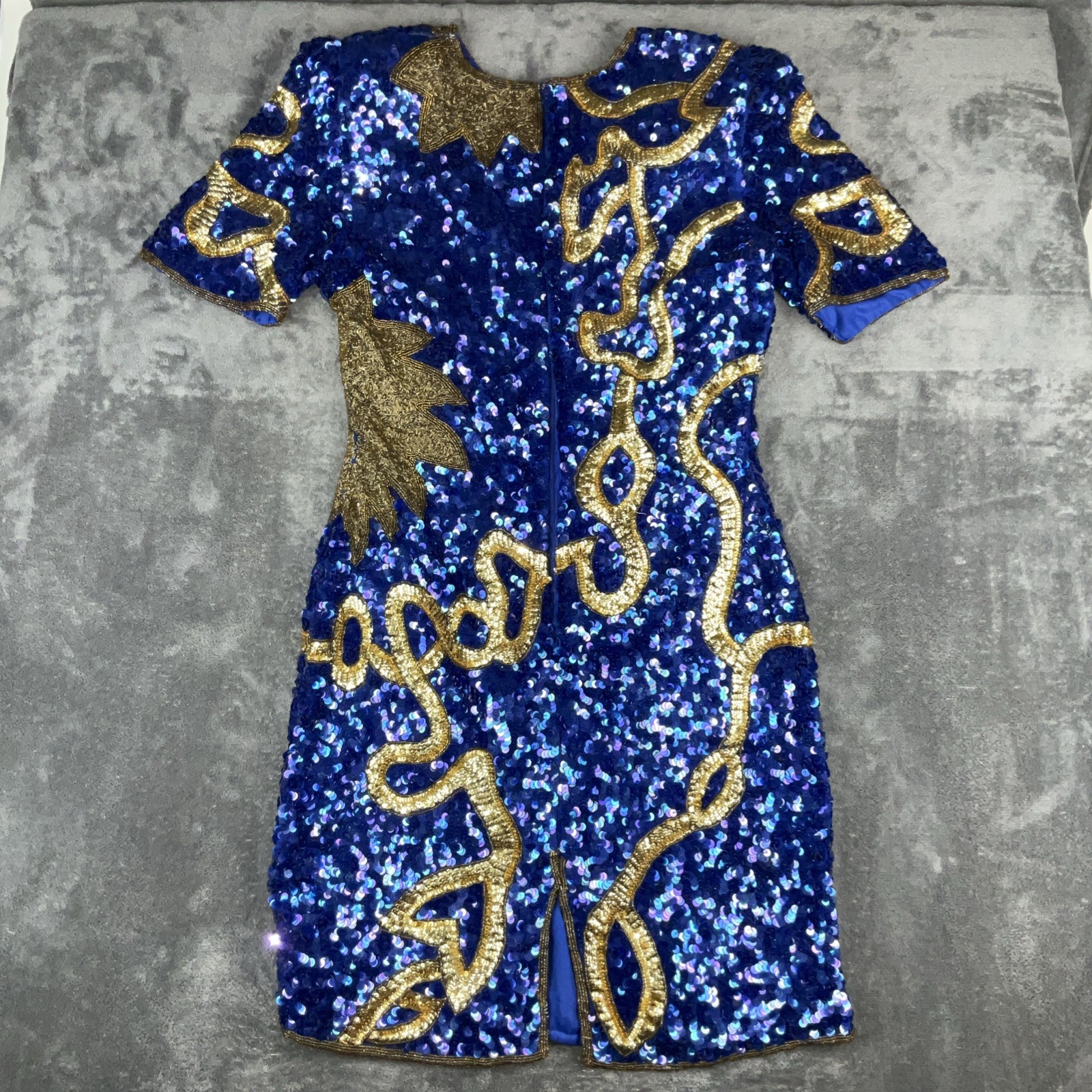 Vintage 1980s Silk Sequin Beaded Short Sleeve Laurence Kazar Dress Blue Gold PS