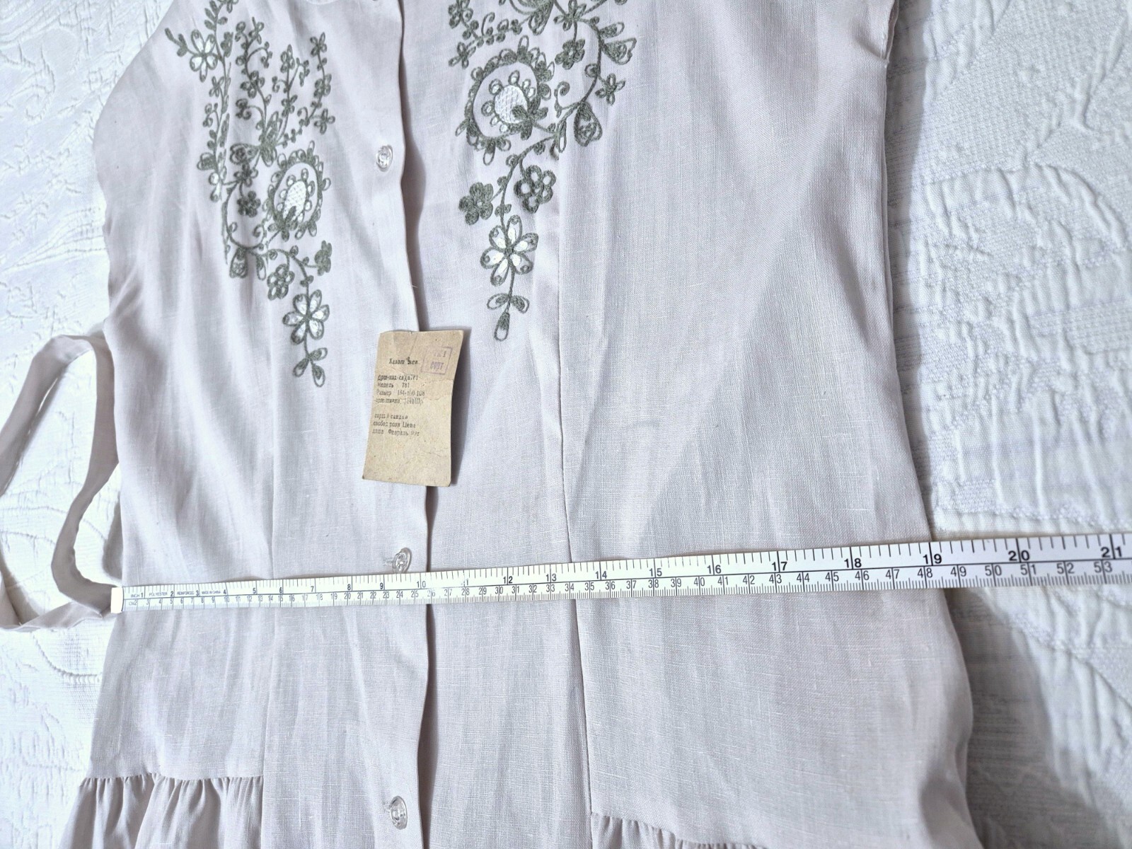 vintage dress ussr women’s dress robe made of linen with embroidery Ivanovo