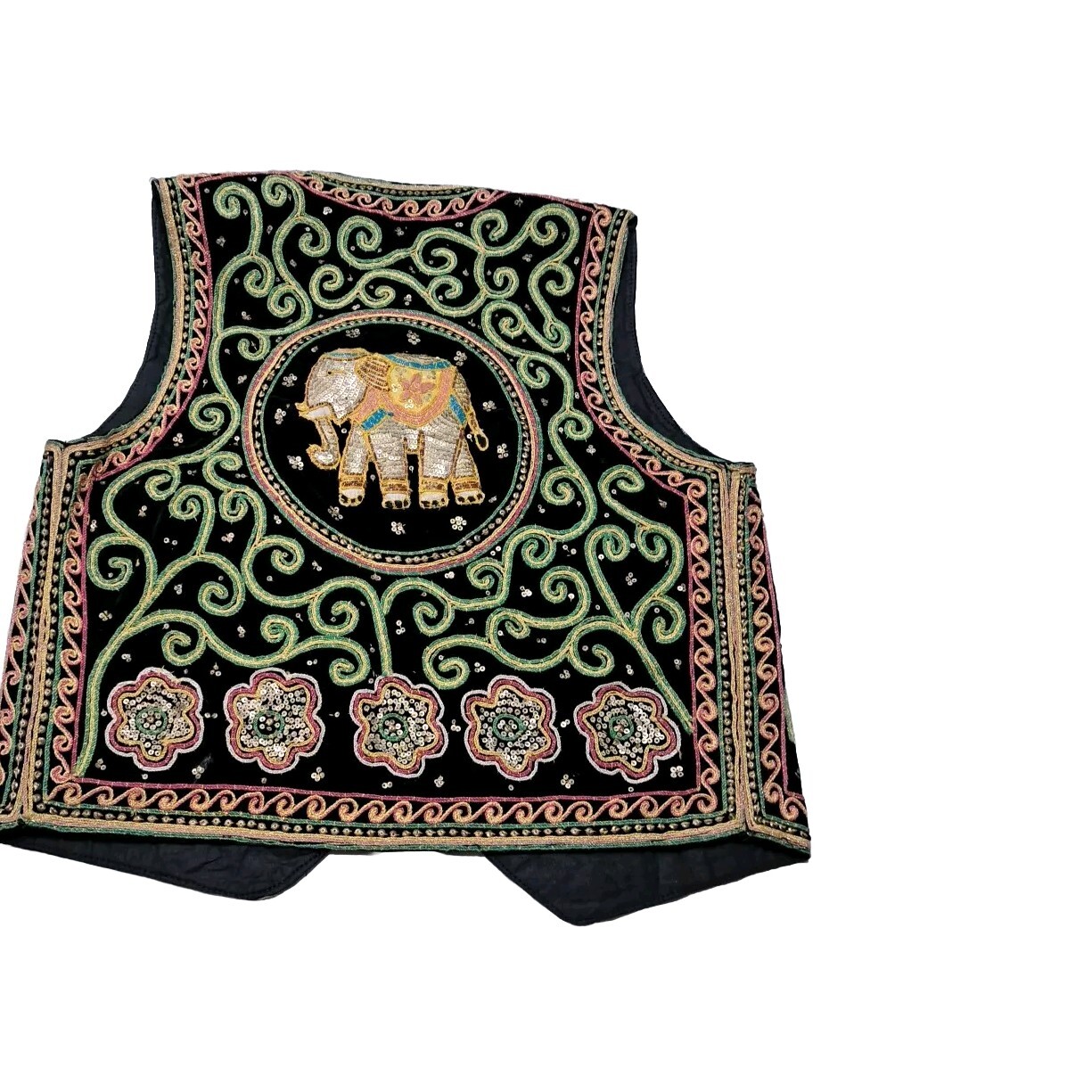 Vintage Carol Horn Workshop 3D Elephant Vest Embroidered Beaded Sequin Boho M/L