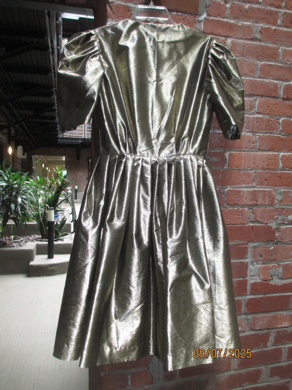 Handmade gold metallic vintage dress 1950s, sz M, surplice neckline w pleating