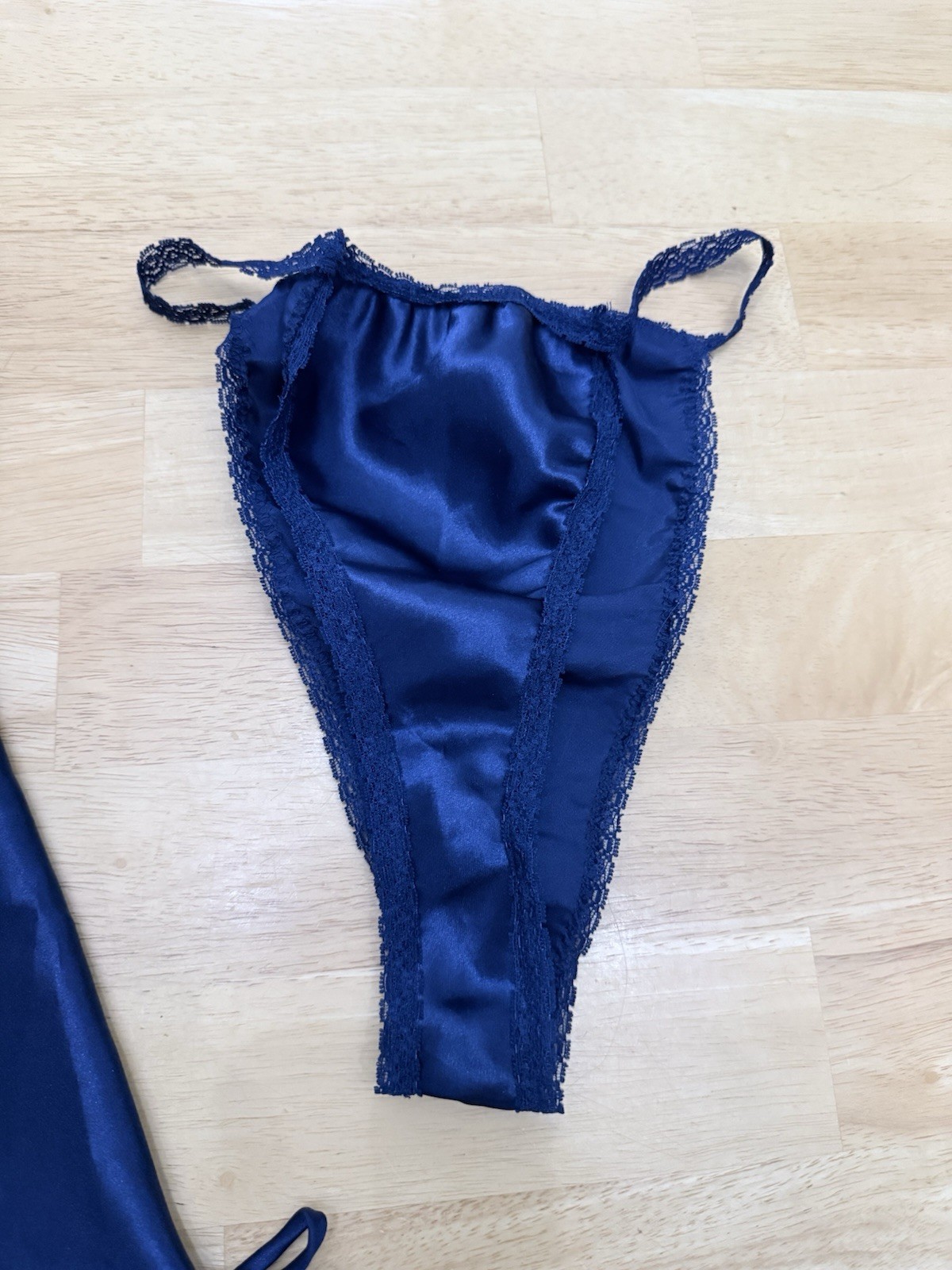 Vintage 80s 90s Lingerie Set Navy Blue Lace Silky Satin Sheer Sexy Thong Undie L