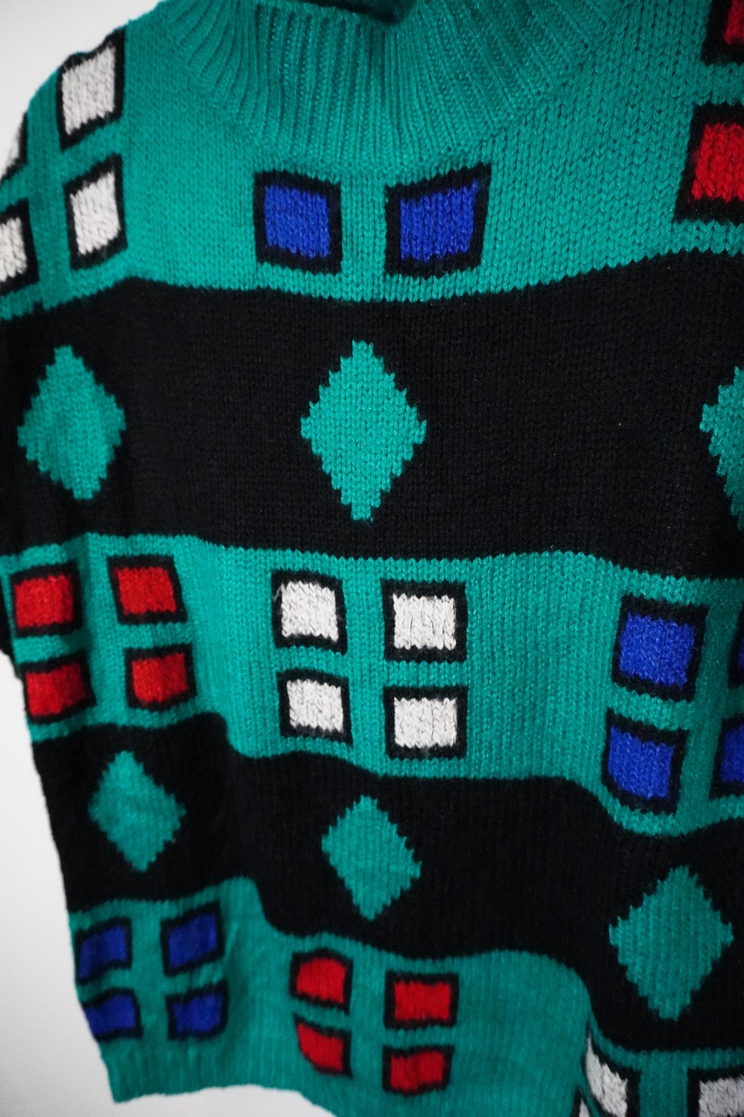 Vintage 80s 90s Abstract Green Geometric Knit Sweater 16th Street Womens Small