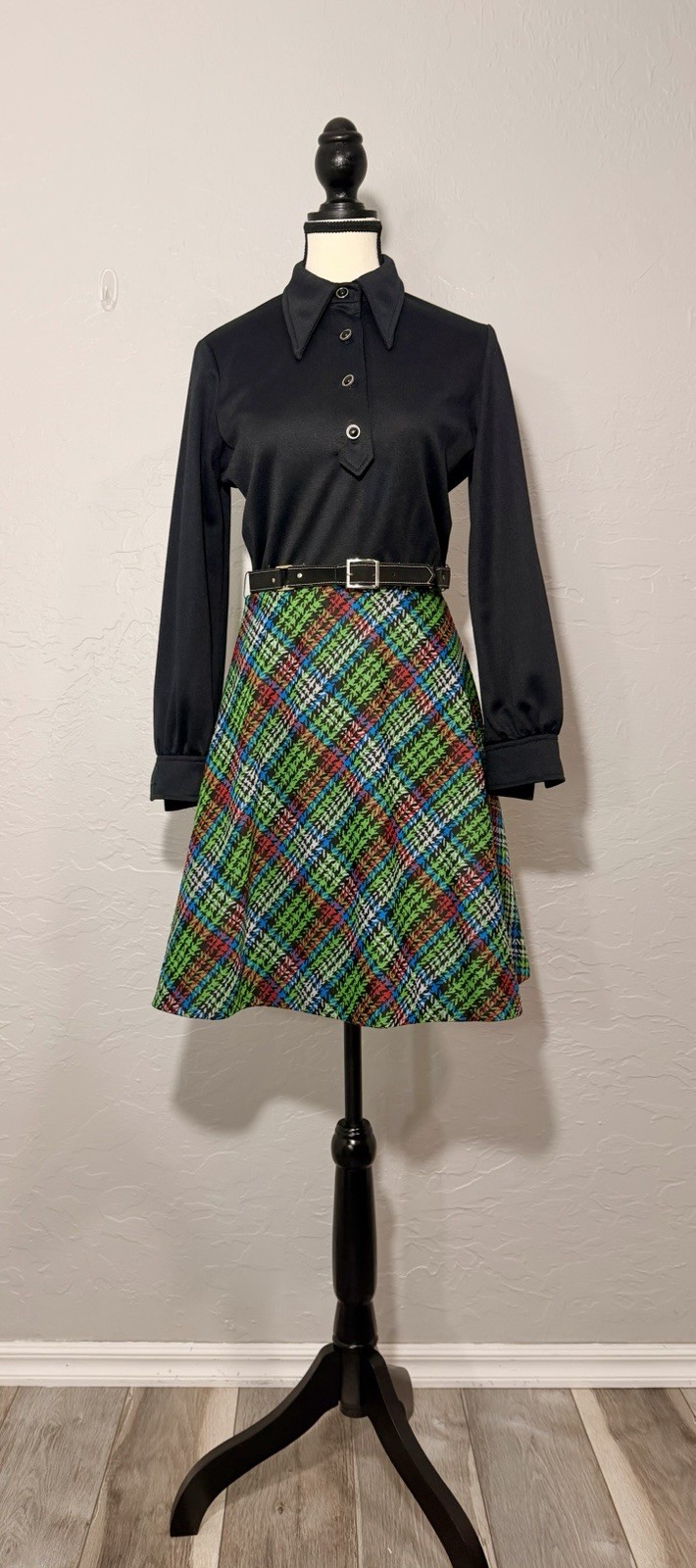 Vintage Mod 60s Black And Plaid Belted Dress Women’s Medium