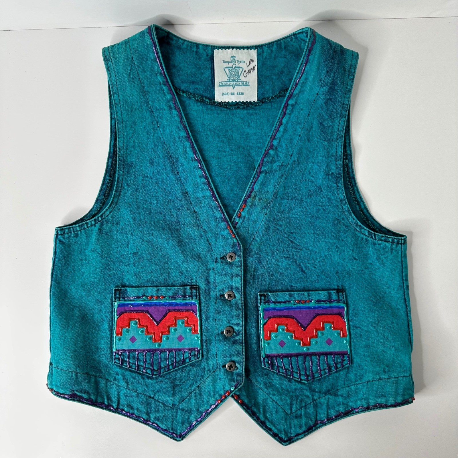 Vtg Turquoise Tyrtle Painted Design Wear Vest Southwestern Acid Wash Festival OS