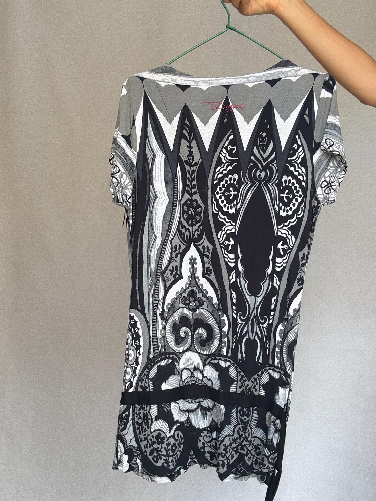Desigual black white gray patterned blouse, cotton feel, relaxed fit, fringed sc