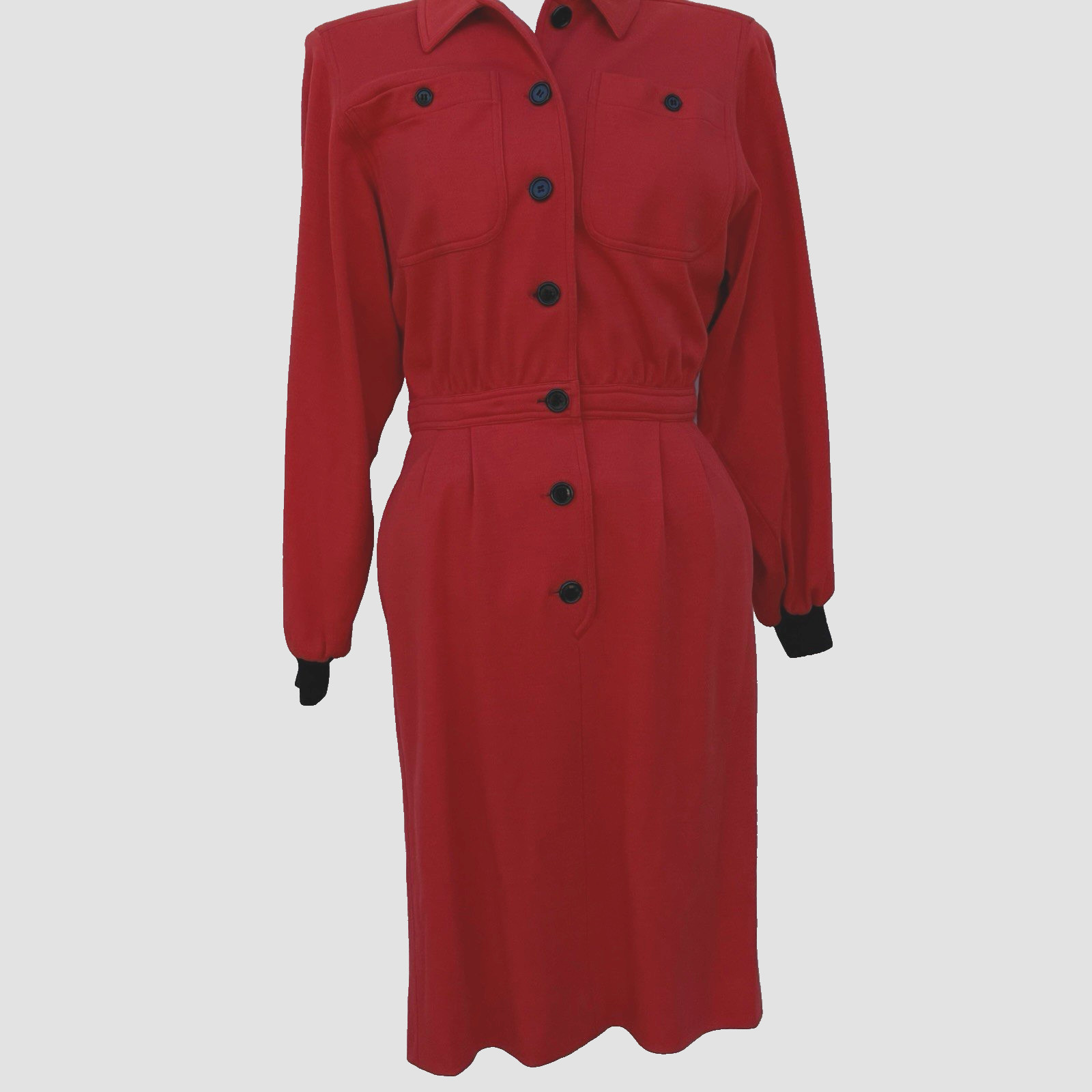 Vtg 80’s Valentino Miss V Dress Sz 6 42 Red Wool Long Sleeve Utility Dress Shirt