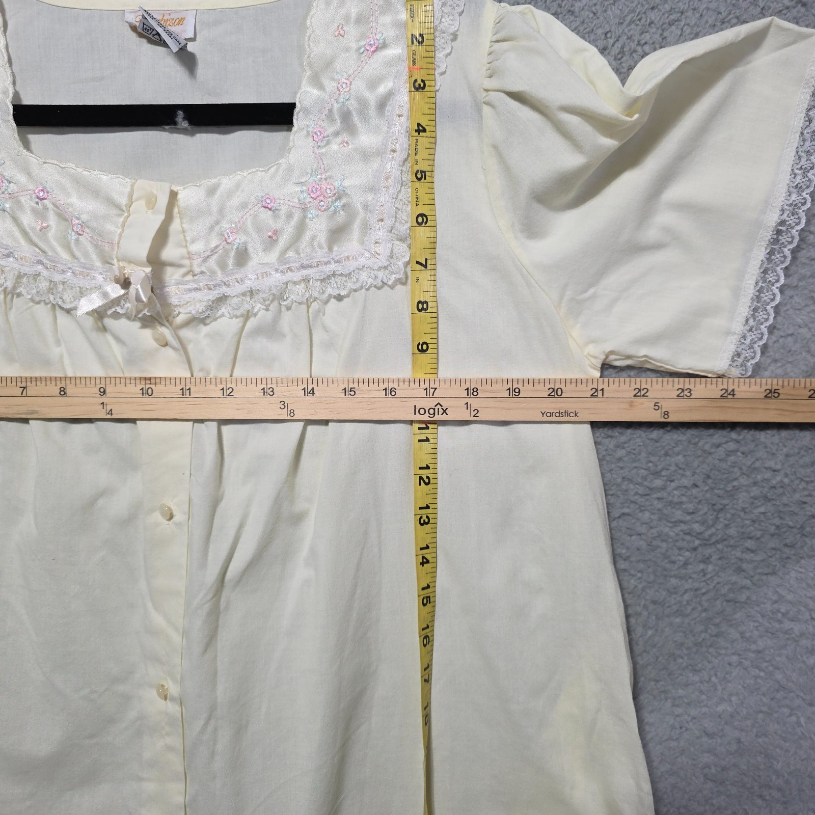 Vintage Barbizon Nightgown Dress Cotton Satin Lace Yellow Bow Embroidered M