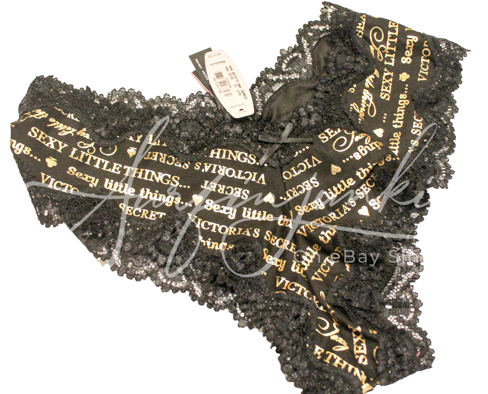 Victoria Secret Vintage Panties Medium Cheeky Black Sexy Little Things Word Gold