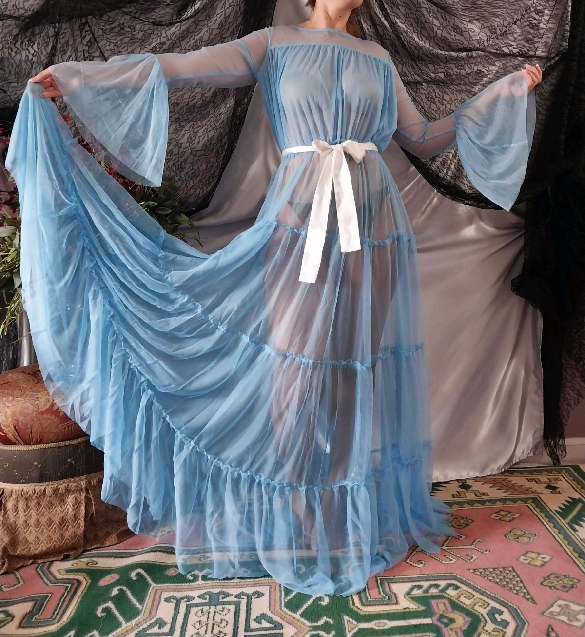 VTG NYLON BABY BLUE OPAQUE SHEER RUFFLES LAYERS TIER BELL SLV SWEEP NIGHTGOWN 48