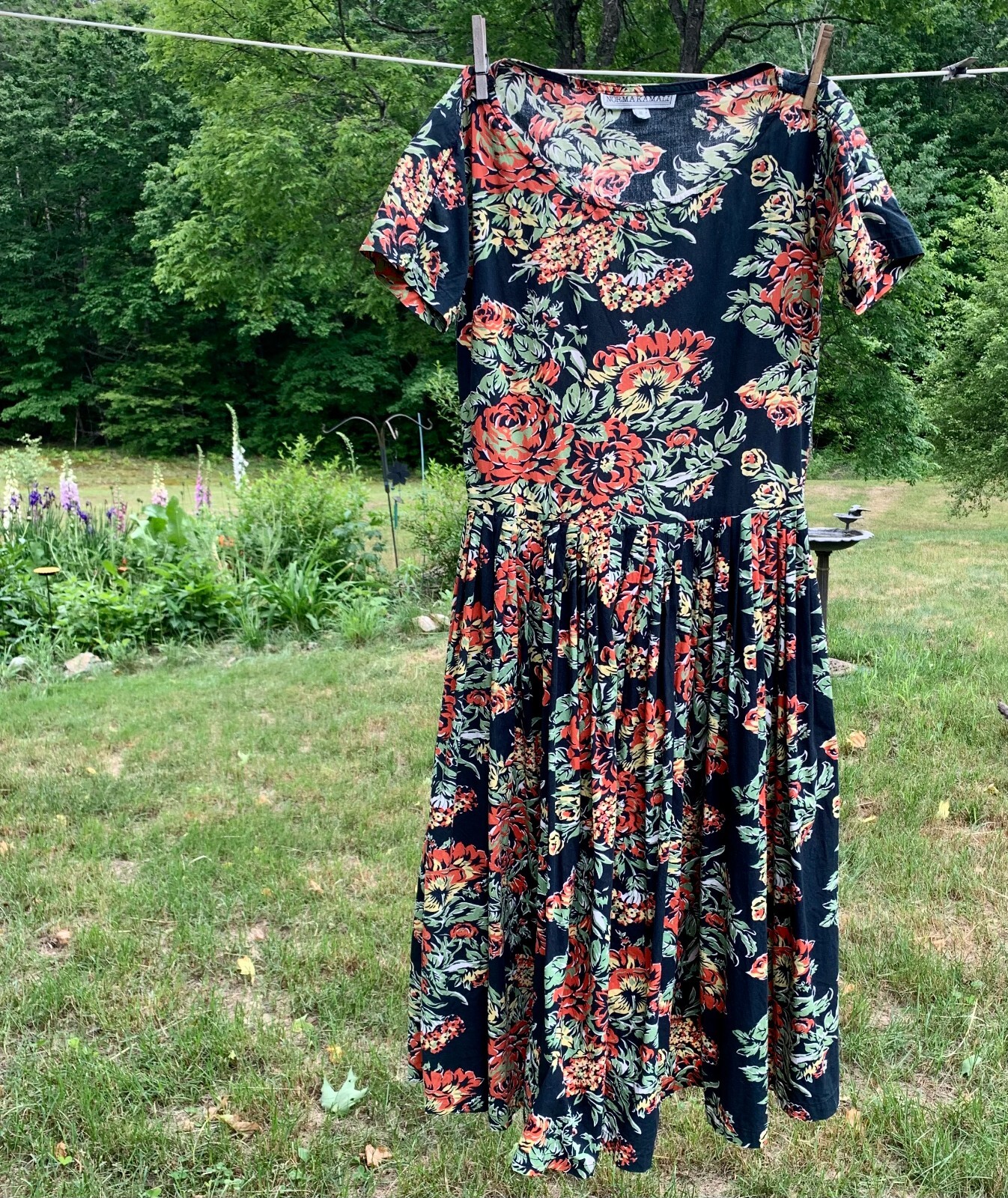Vintage 1980s Norma Kamali Floral Cotton Dress Drop Waist Short Sleeves