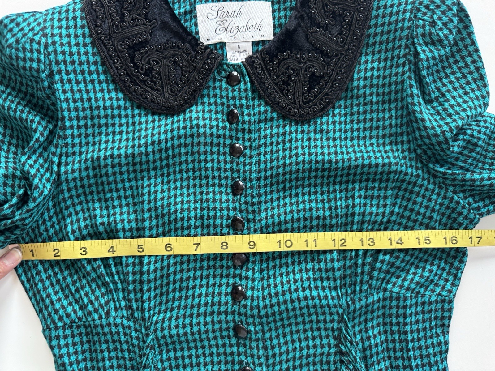 Vintage 80s Sarah Elizabeth Beaded collar Teal Gingham Goth Check Maxi Dress