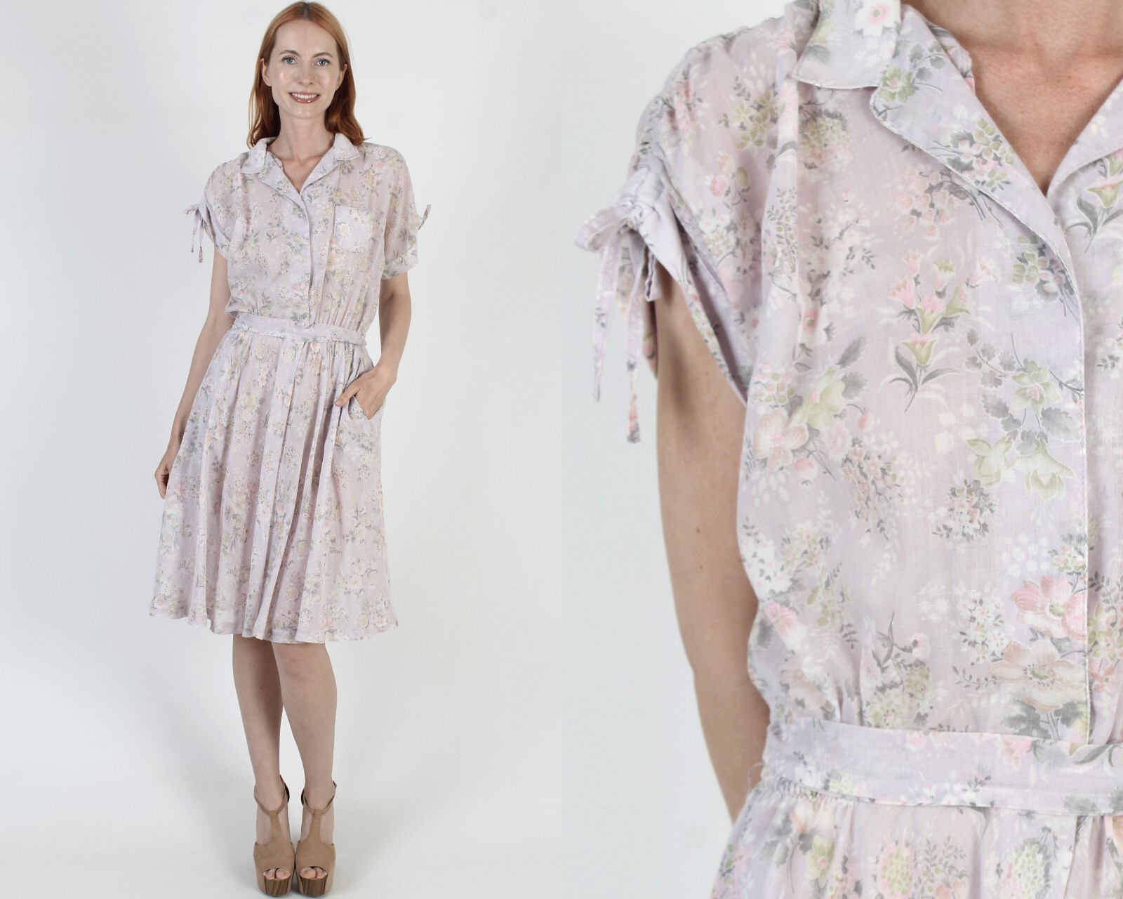 Vtg Lightweight Pastel Floral Print Pageant Sundress Tie Slv Baggy Belted Dress