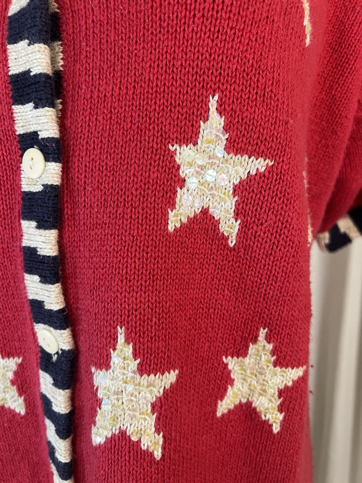 Quacker Factory Vtg 90’sS Sl Chunky Knit Red W/ Sequin Stars Sweater L