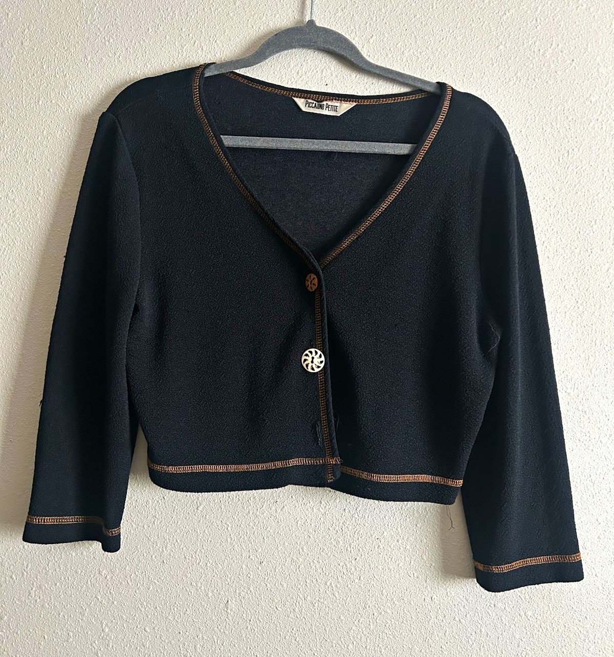 Vintage Nina Piccalino Petites Black Cropped Cardigan with Brown Contrast Stitch