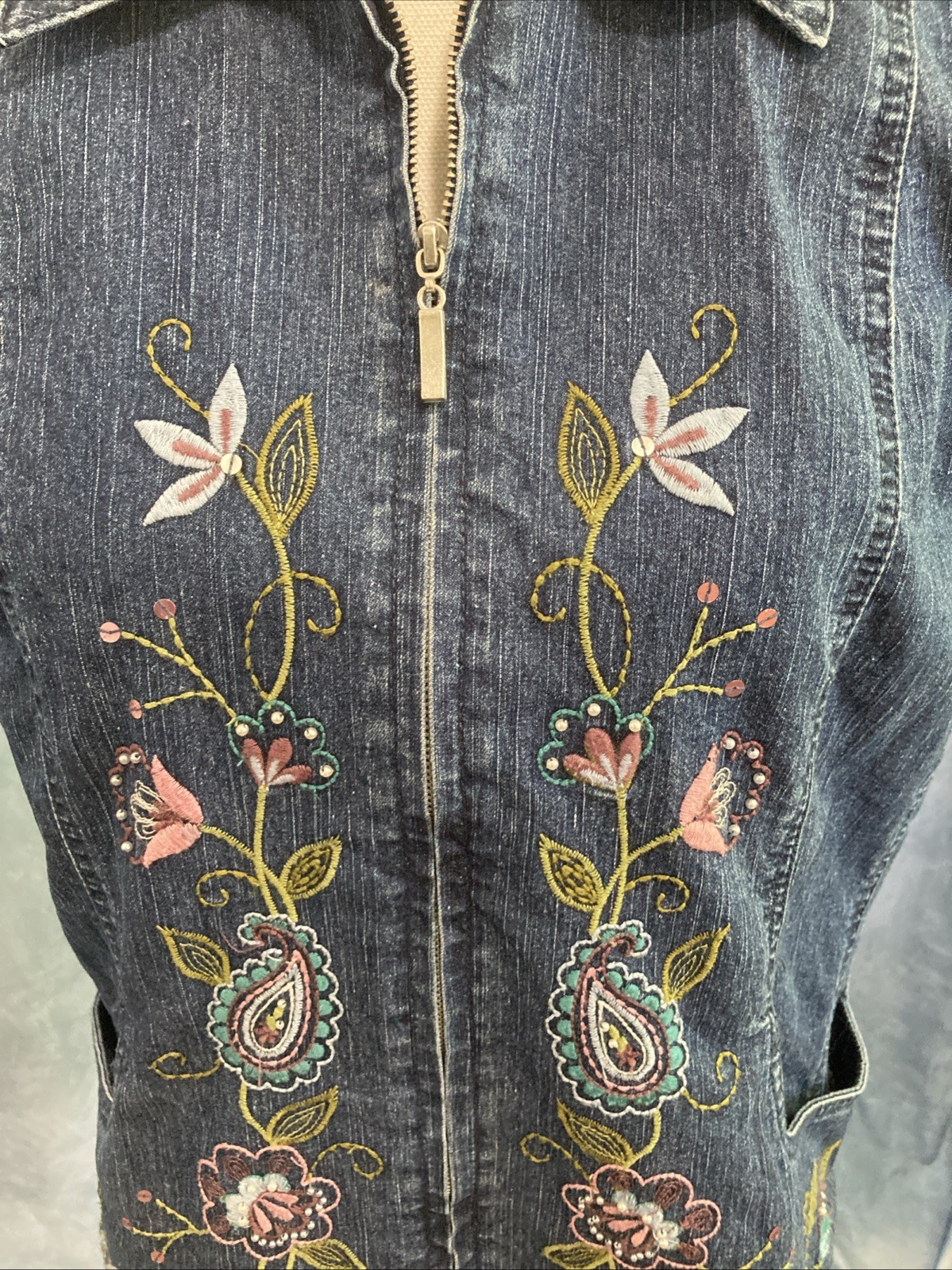 Vtg 90s Y2K Alfred Dunner Embroidered Denim Vest Granny Cottagecore Floral Sz 8
