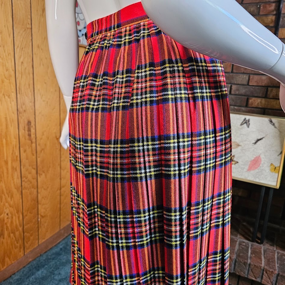 Vtg 80s British Punk Tartan Plaid Accordion Pleated Wool Buckle Wrap Skirt XS/S