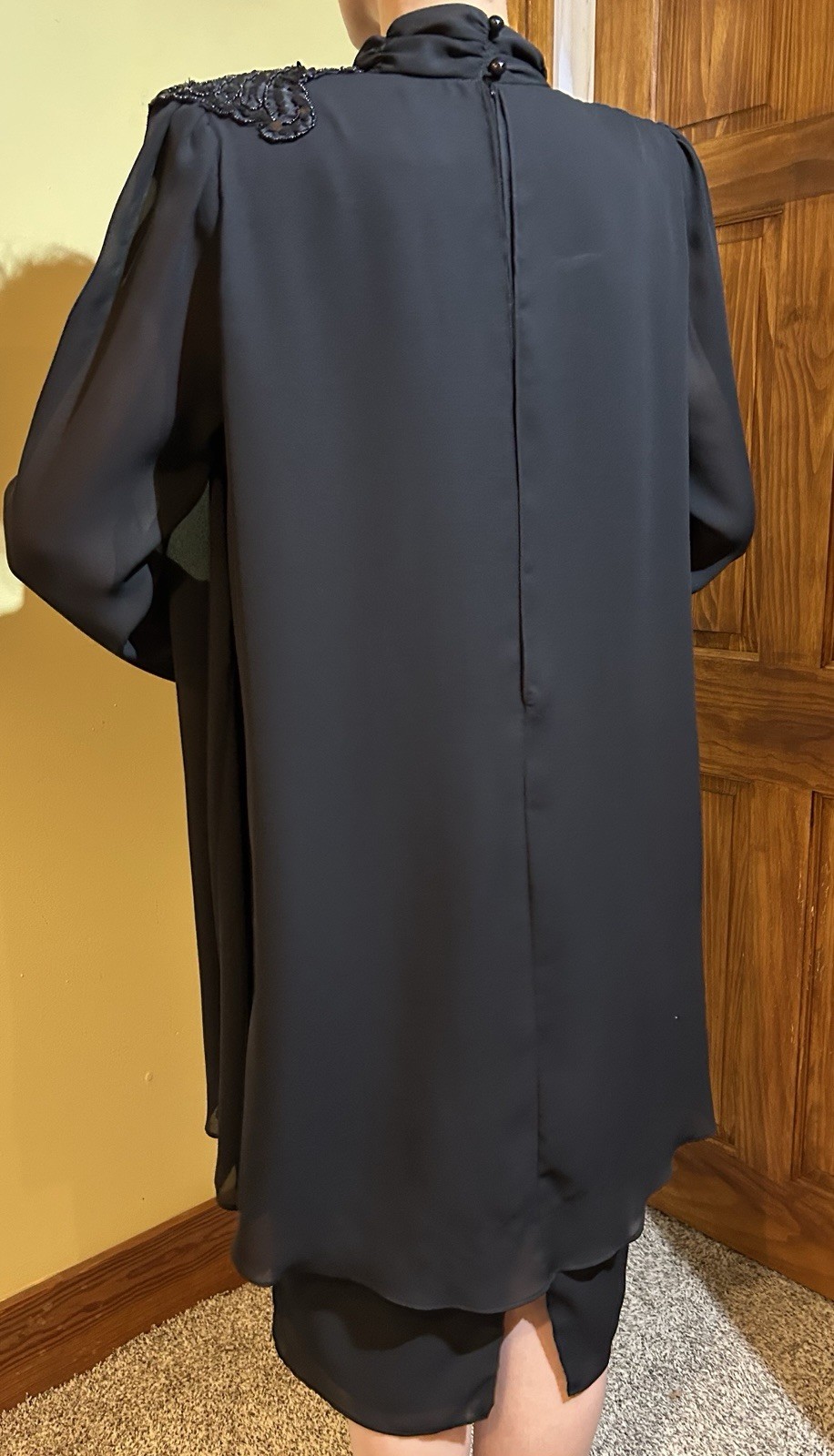 Vintage 80s Black Chiffon Dress With Capulet Beaded Shoulder Size 10 Goth Vampy