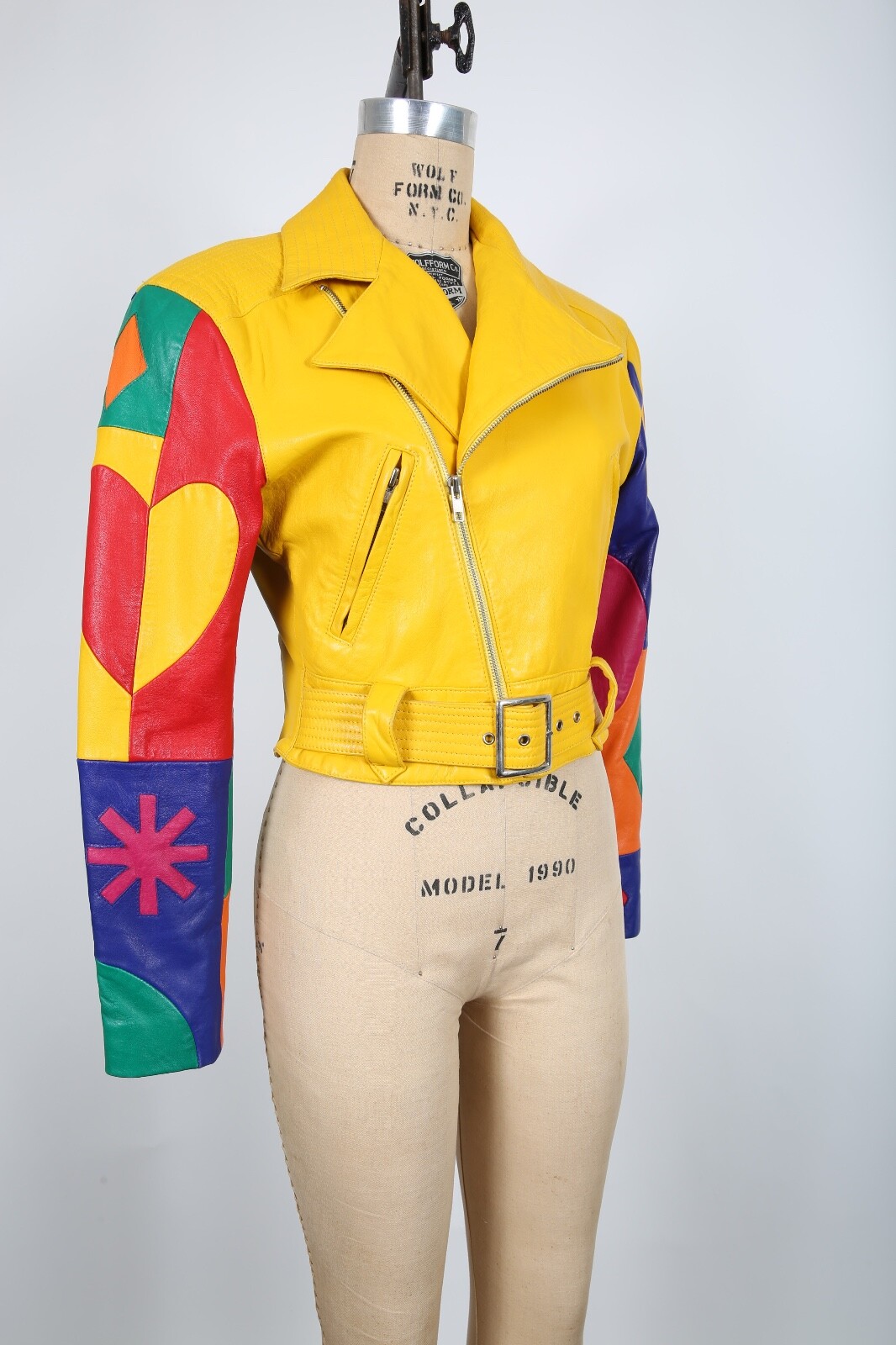 North Beach Leather Yellow Multi Color Patchwork Leather Jacket 80s 90s