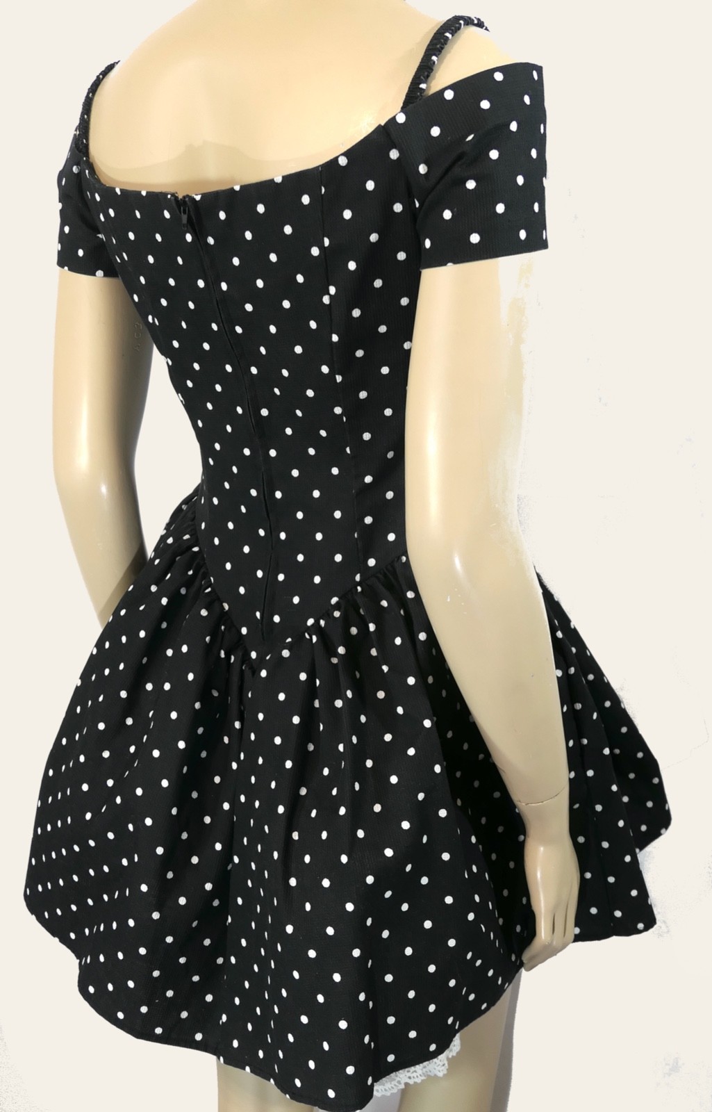Vintage 80s New Wave Cold Shoulder Crisp Fit Flare Tulle Polka Dot Mini Dress XS