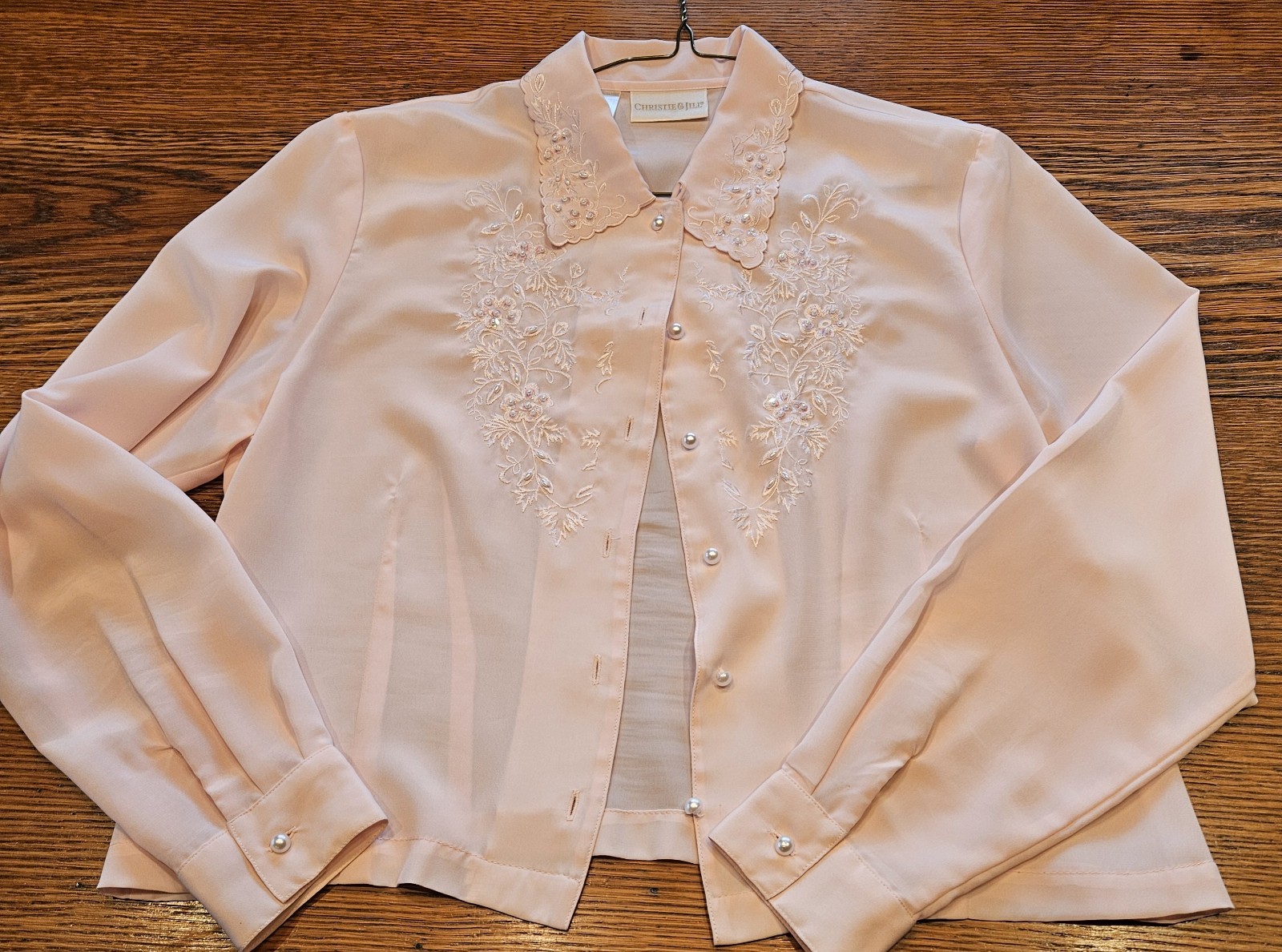 Christie & Jill Silk Embroidered Button Down Long Sleeve Blouse Pale Pink 12