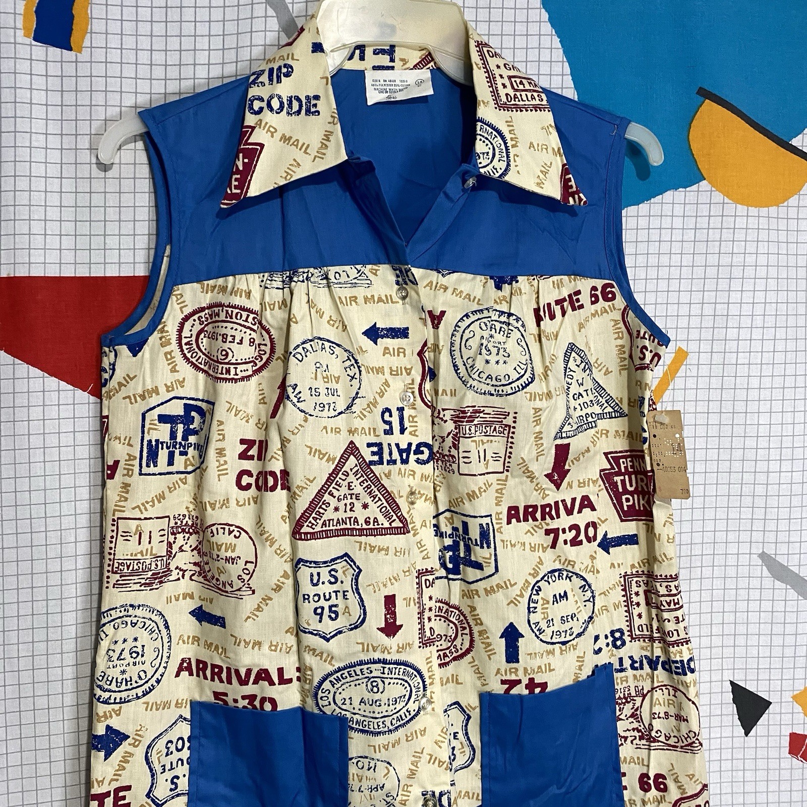 Vintage 70s Sears Novelty Shirt Large Dagger Smock Highway Signs Travel Hippie