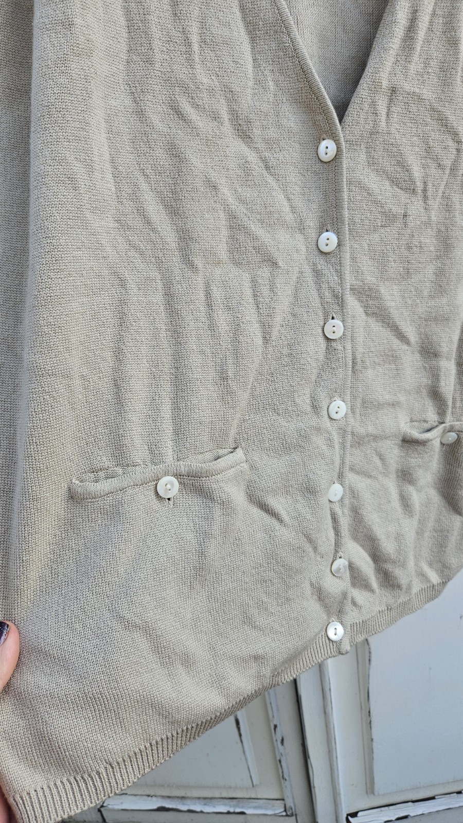 Vintage Pringle Of Scotland Beige 100% Cotton Front Pocket Cardigan Size L