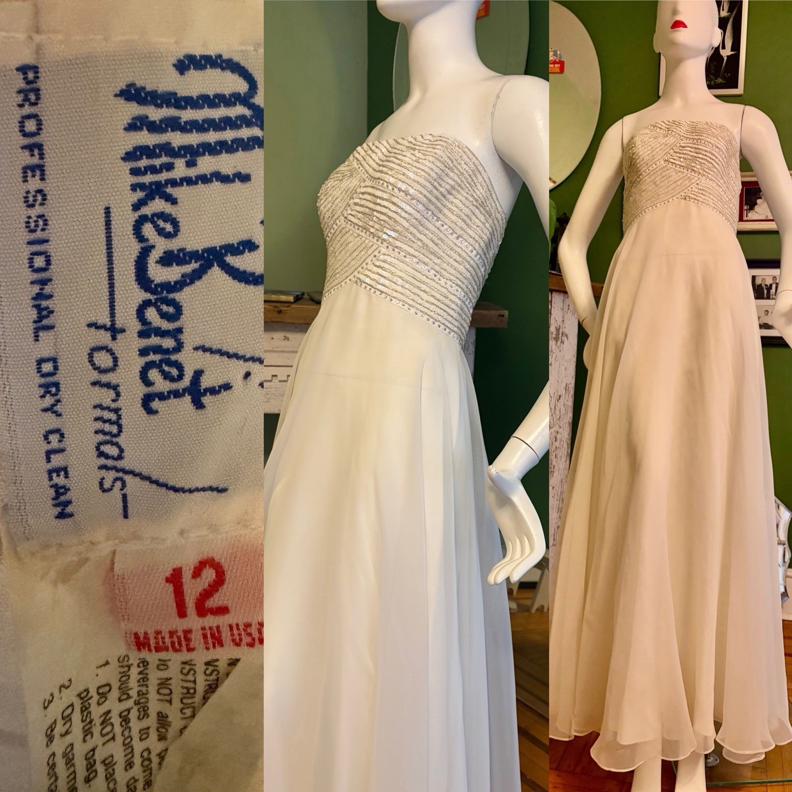 Vtg Mike Benet Formals- White Chiffon grecian Dress Gown Sequins 38 Strapless M