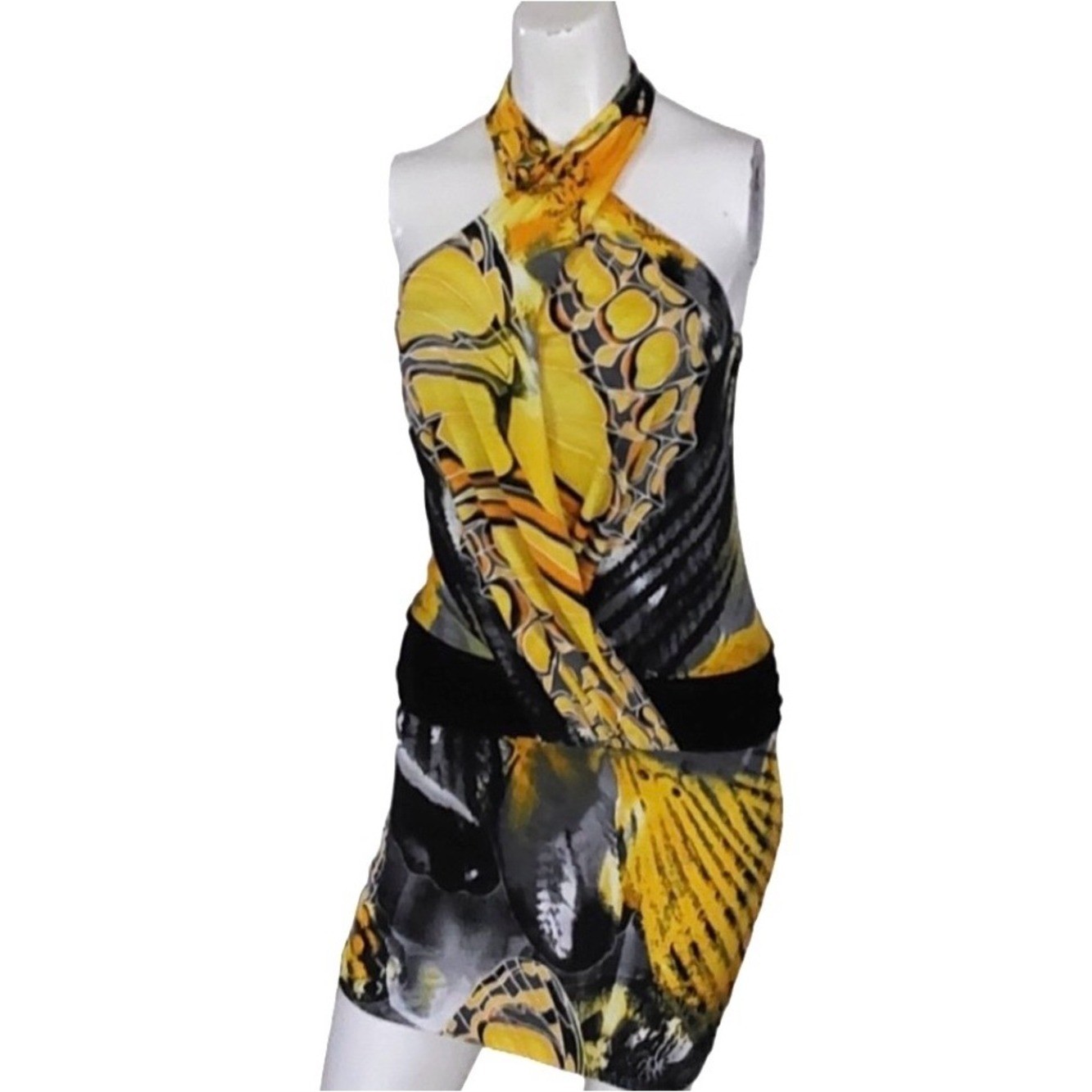 NWT Cache halter dress size S butterfly wing Yellow Black Vtg Y2k Deadstock $118