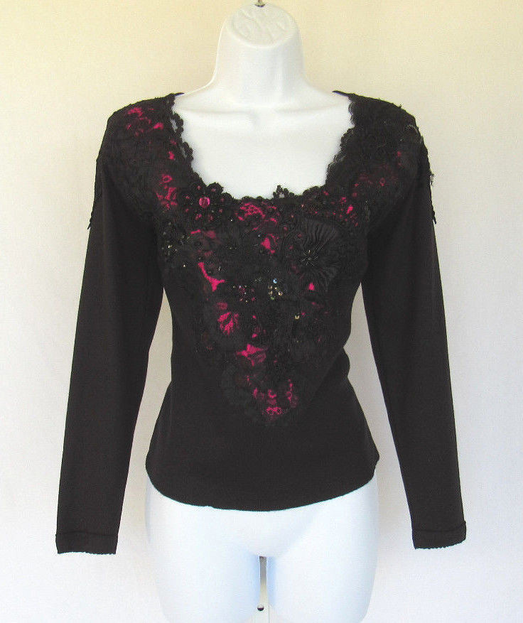 VINTAGE TERRIE BULKIN HAND MADE TOP BLK LACE MAGENTA SEQUINS BEADS POLY COTTON?