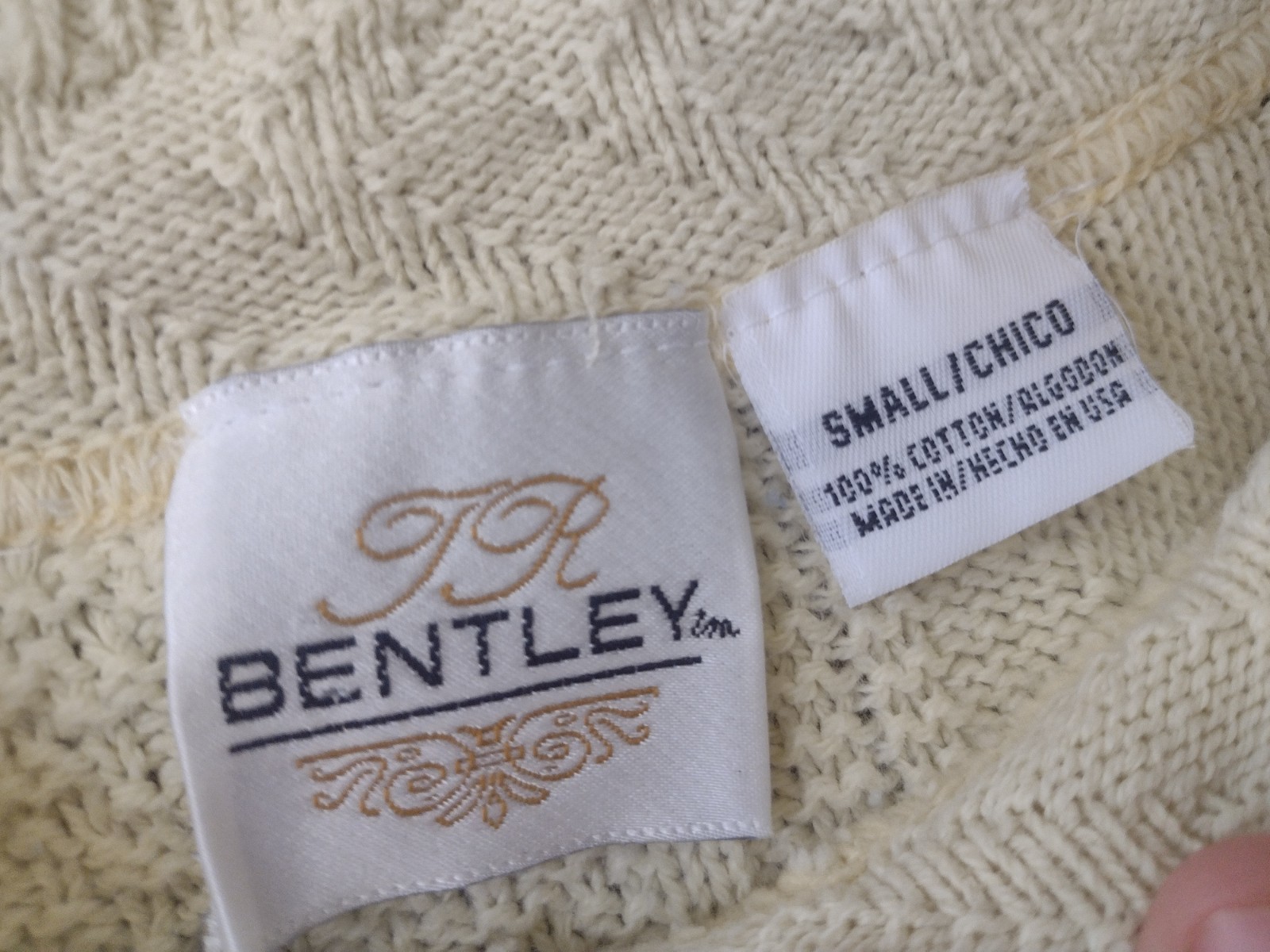 Vintage 90s TR Bentley Cotton Heart Knit Sweater Small Pale Yellow USA