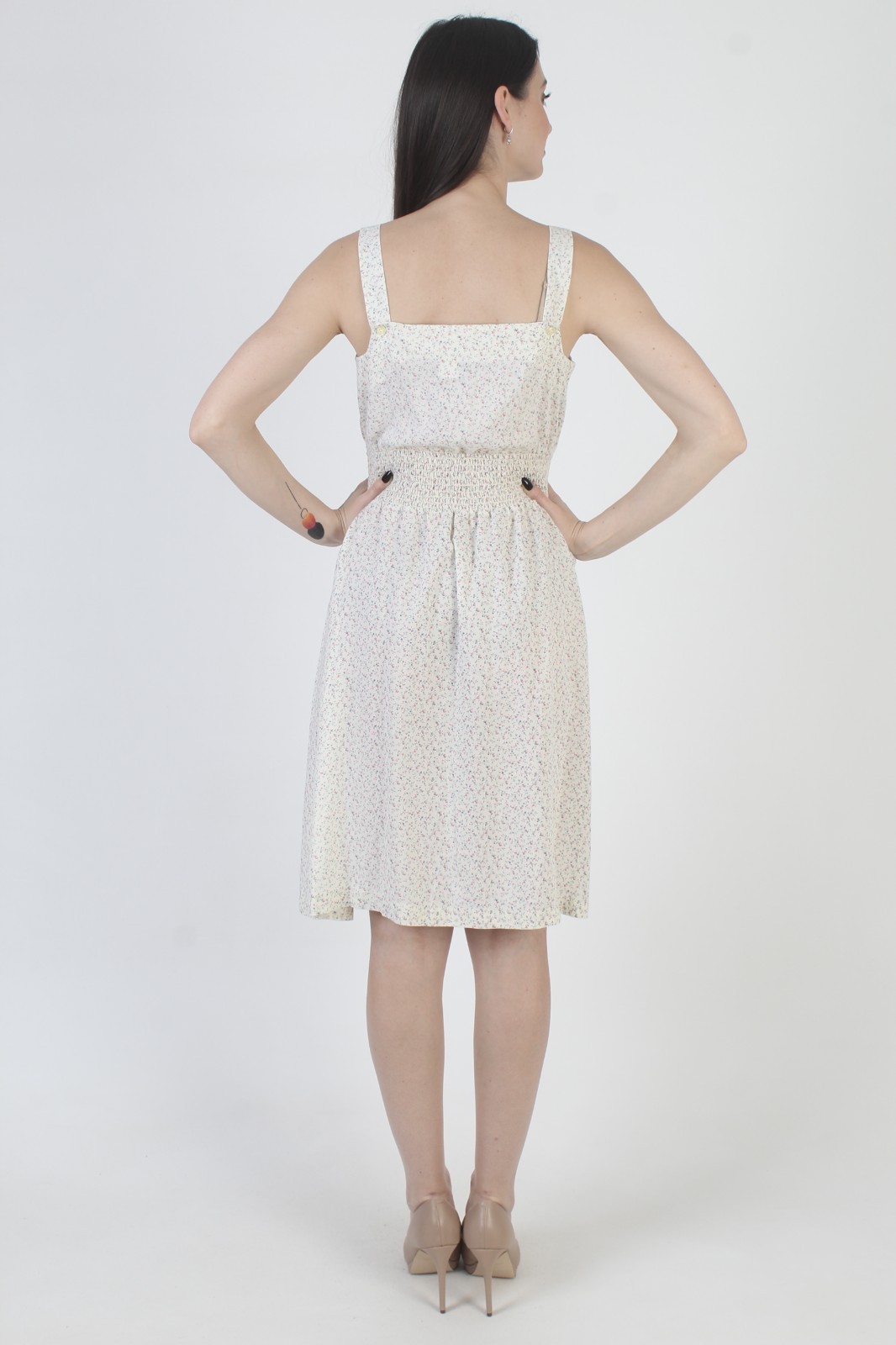 Vtg Off Wht Calico Floral Dress Smocked Boho Peasant Knee Length 70s Sundress