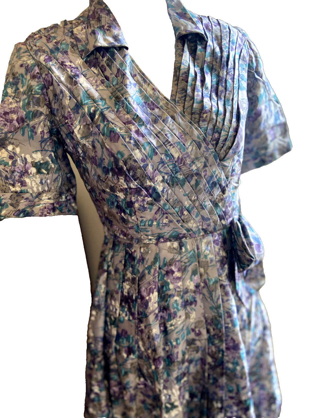 1950 wiggle dress vintage polyester gorgeous pleats purple floral size 8 AU SML