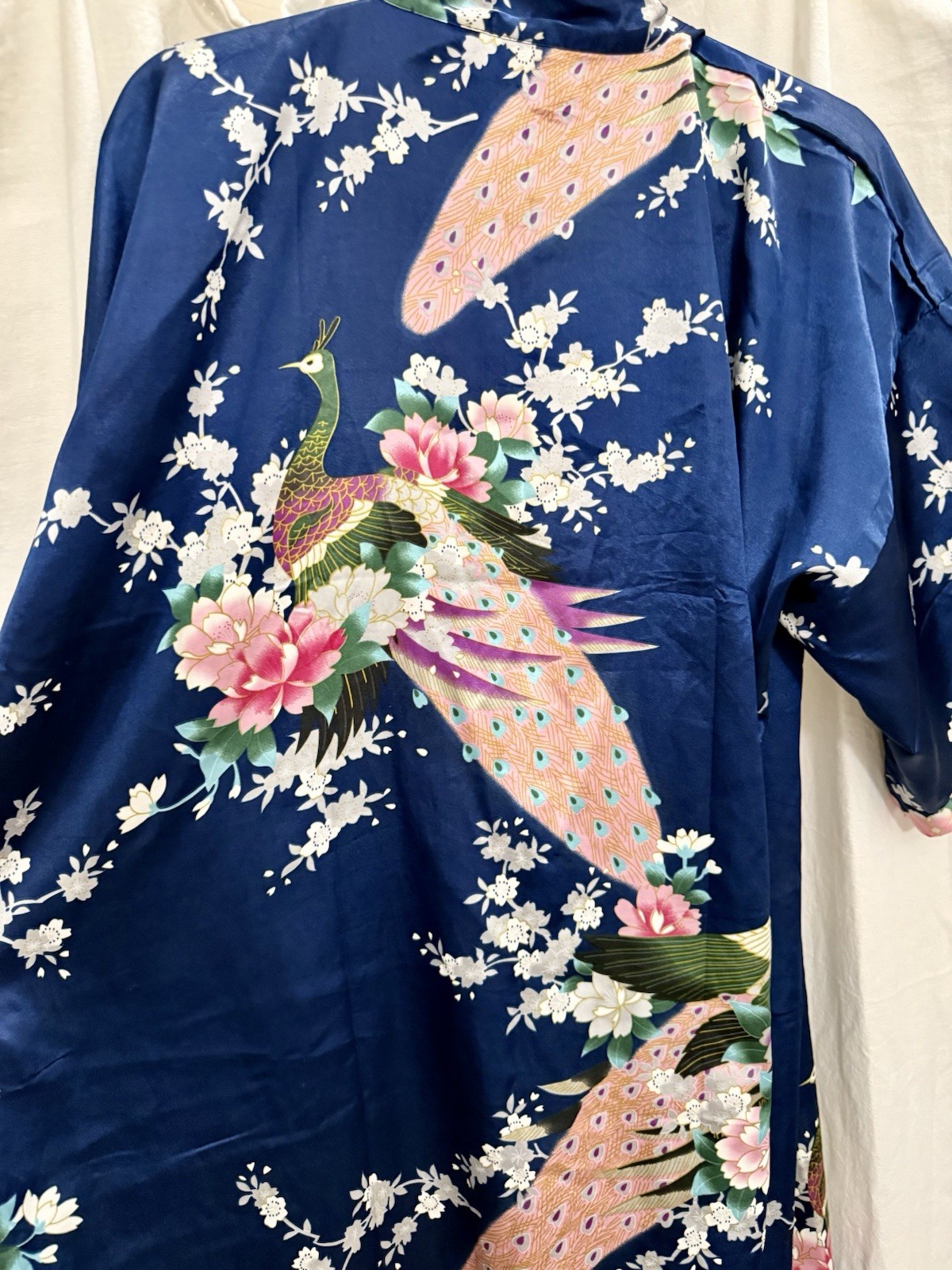 VTG 90s Silk Peacock Kimono Robe Blue Floral Statement Boho Lagenlook Luxe