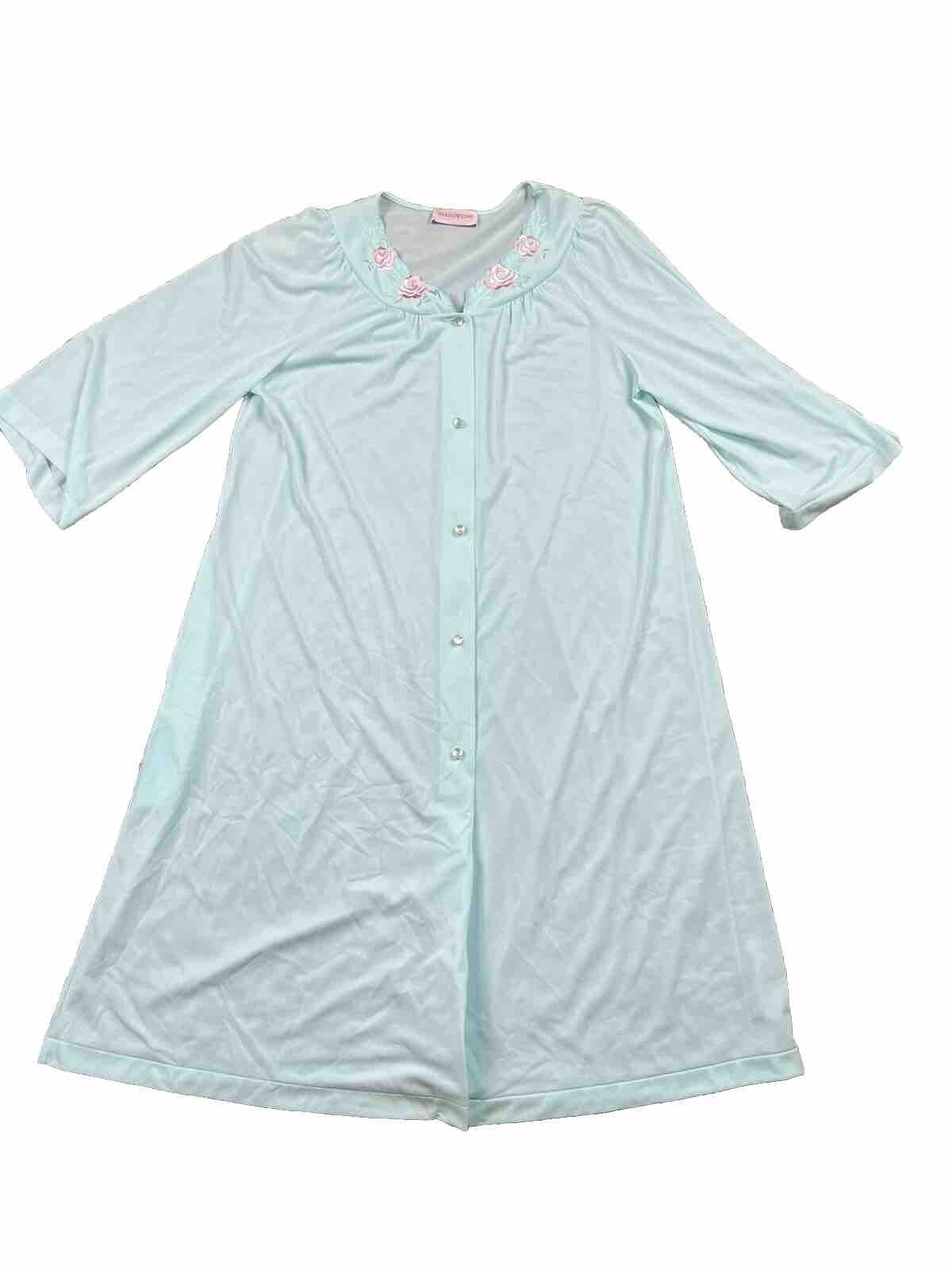 Vtg Shadowline 2 Pc Night Gown & Robe Housecoat Size M Blue Pink Flowers 70s