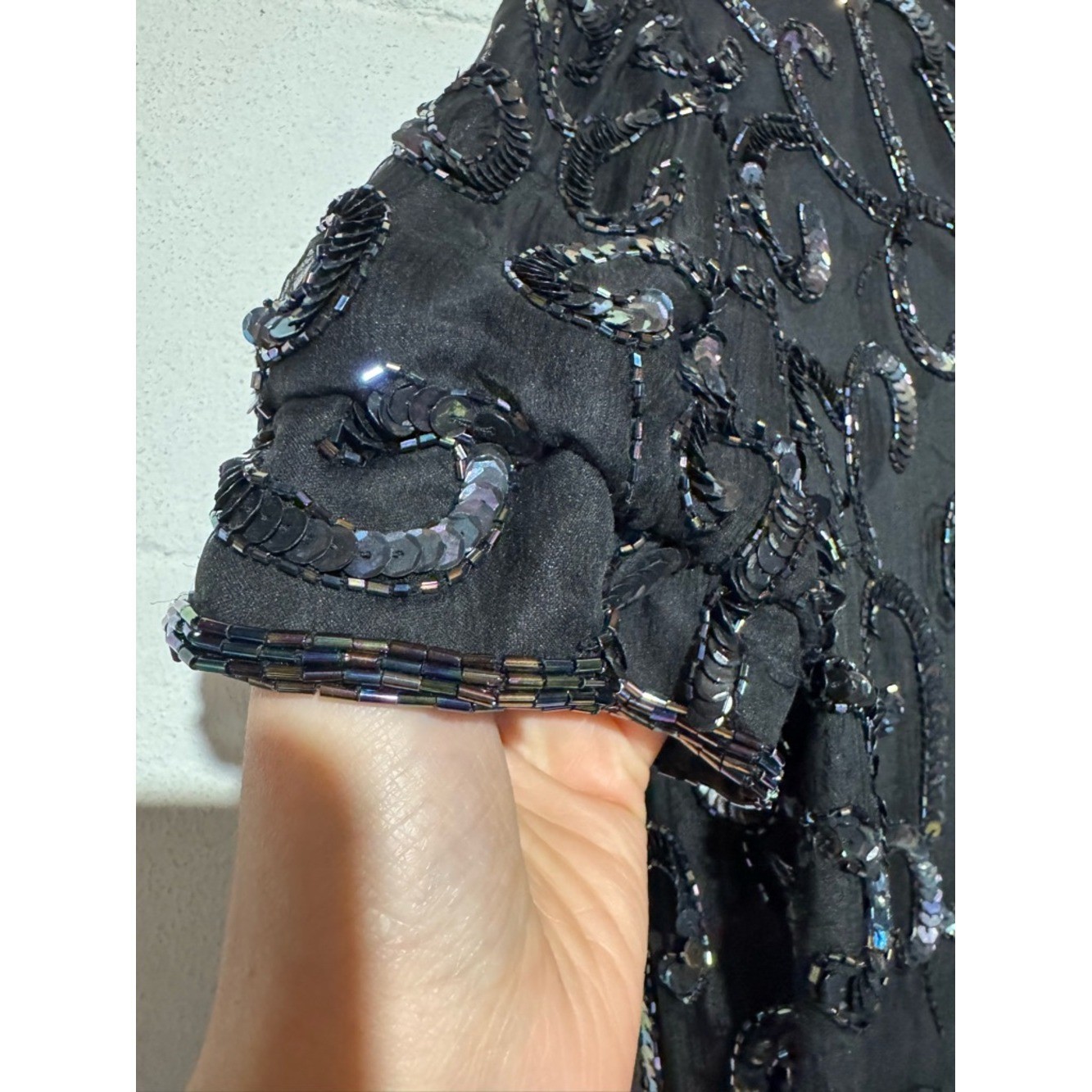 Dusk to Dawn Vintage 80s 100% Silk Sequin Beaded Top Women Size 18 Black Formal